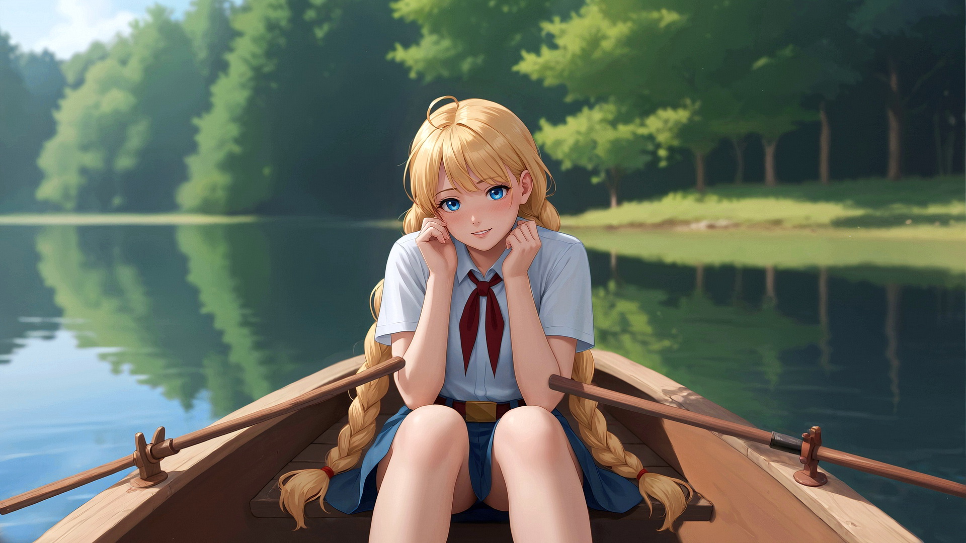 Бесплатное фото Славя сидит в лодке на фоне природы игра бесконечное лето