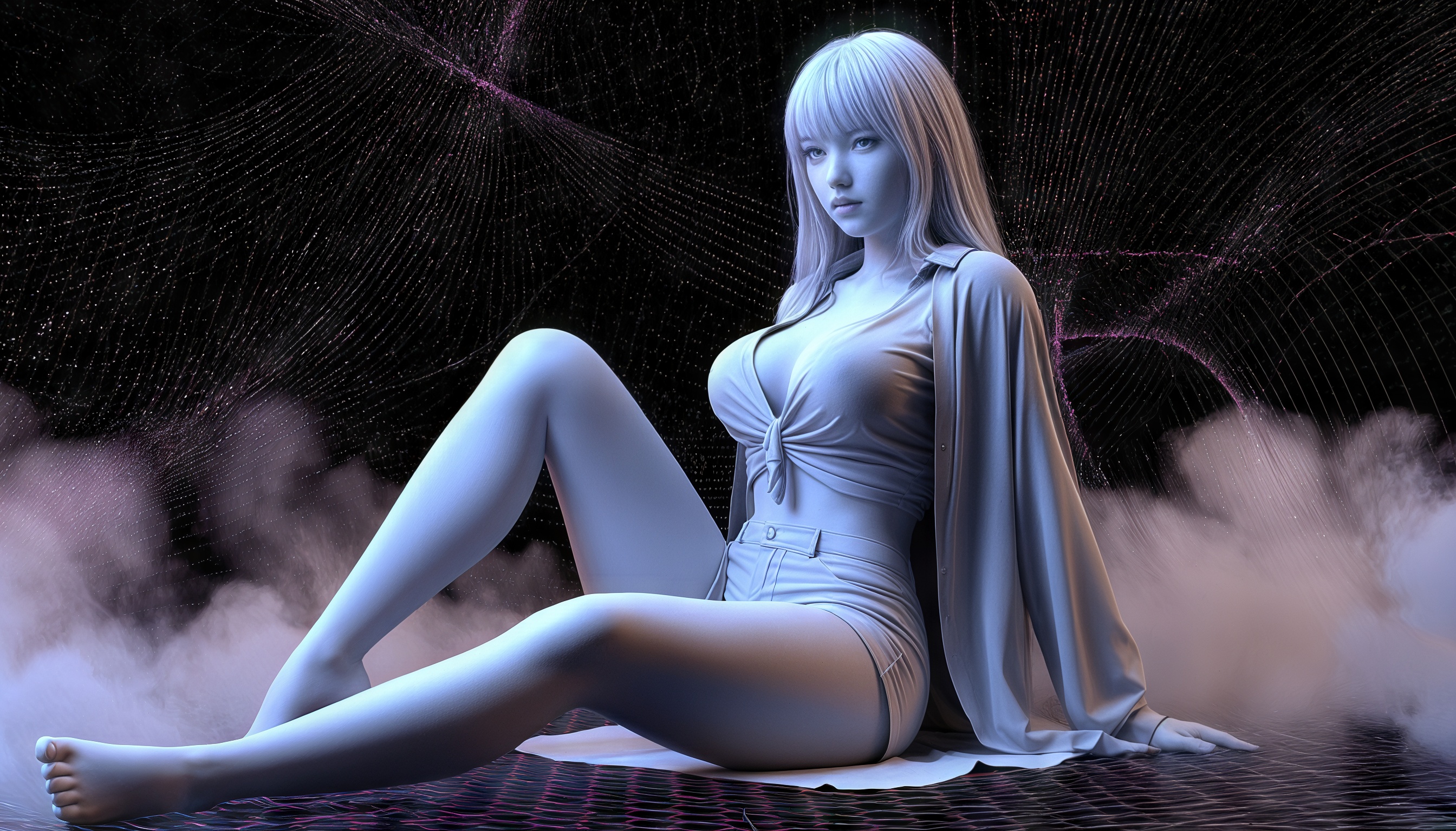 Бесплатное фото Девушка в черно белом изображении на фоне паутины и ячеистой структуры