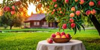 Летний пейзаж с персиками на столе, деревянный дом и зеленый газон на фоне.