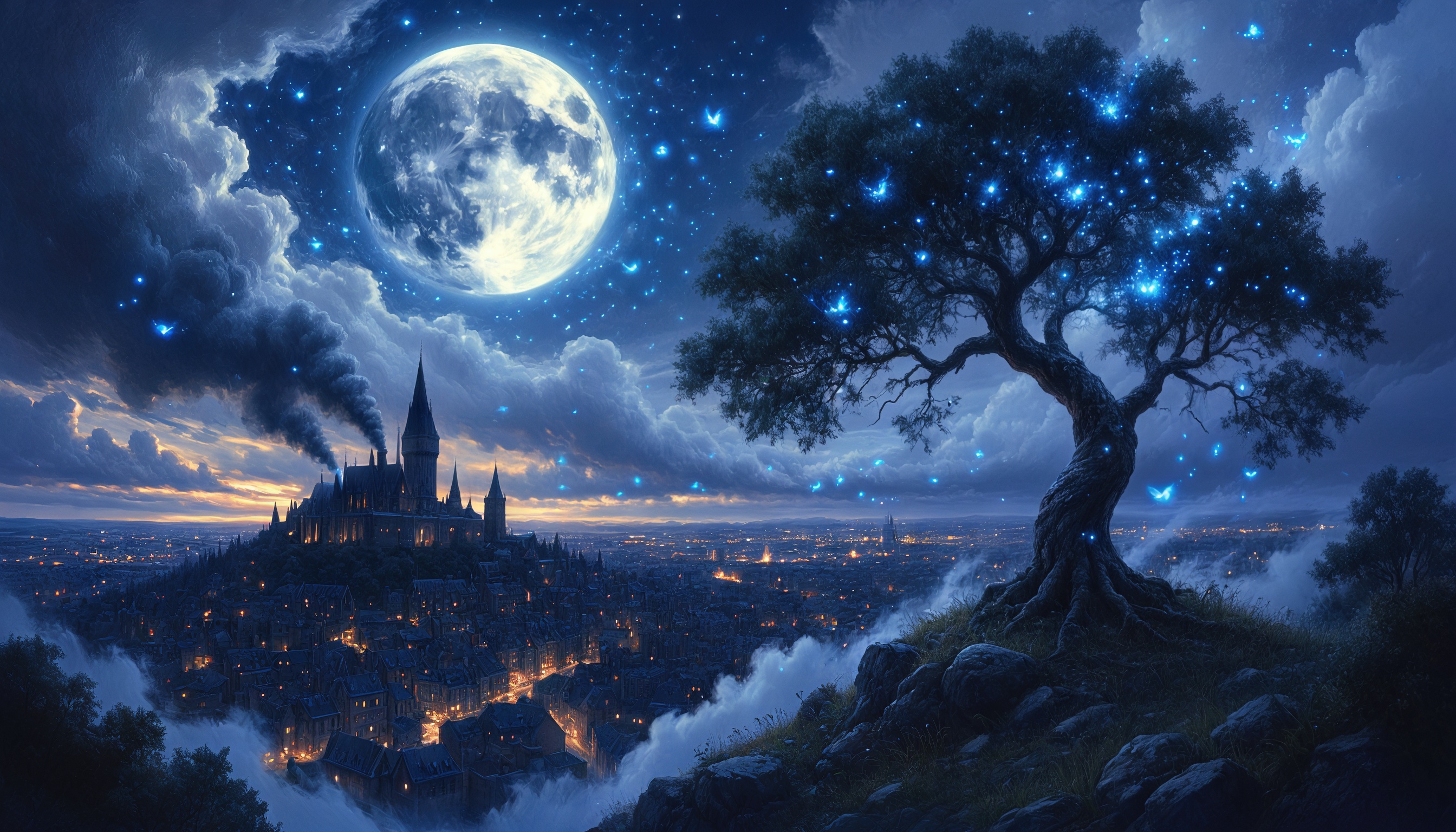Бесплатное фото Волшебное дерево с светящимися огоньками на фоне замка и города под луной.