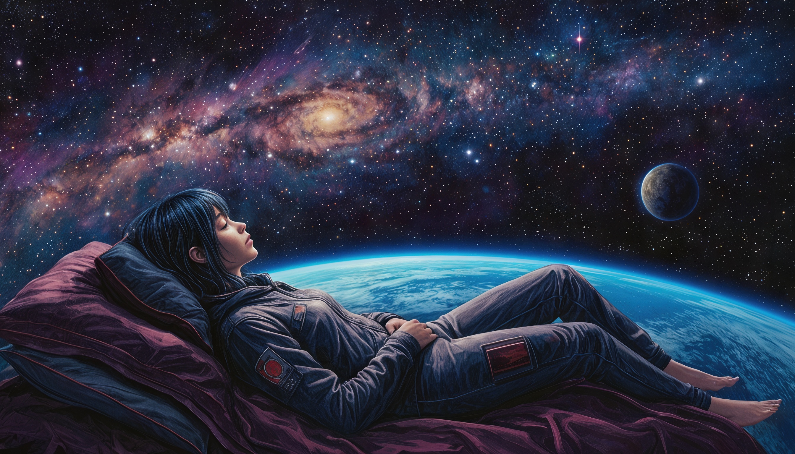 Бесплатное фото Девушка в космическом костюме лежит на кровати в космосе, окруженная звездами и галактиками.