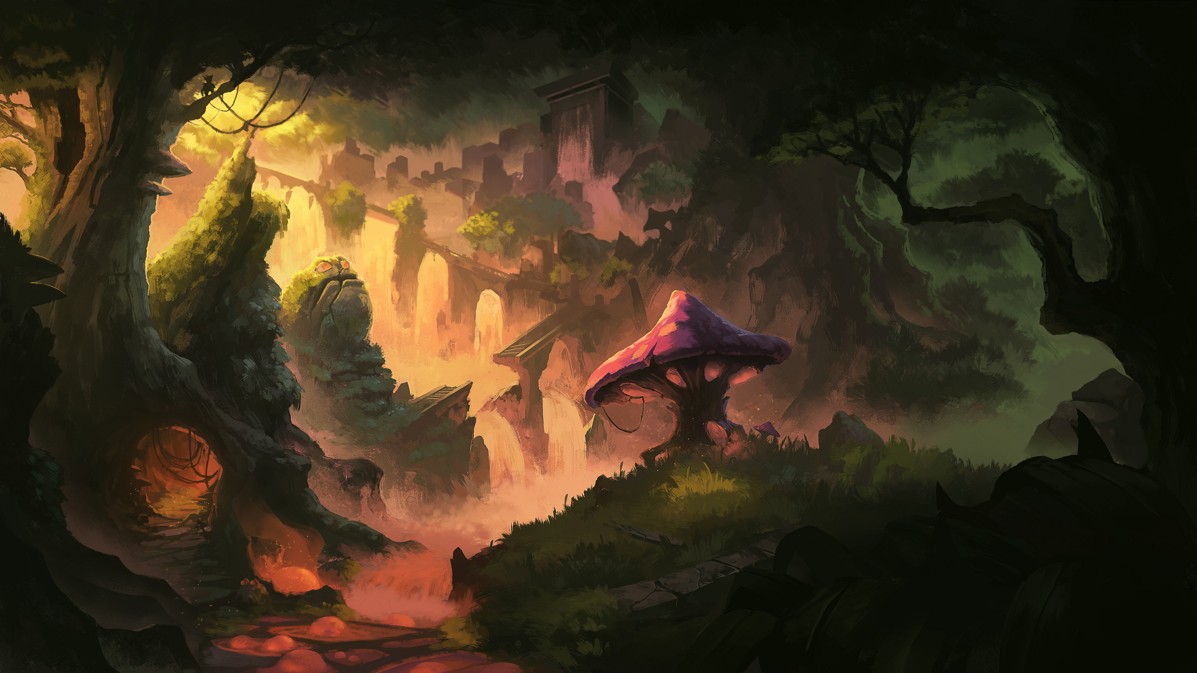 Фэнтезийный темный лес с большим грибом
