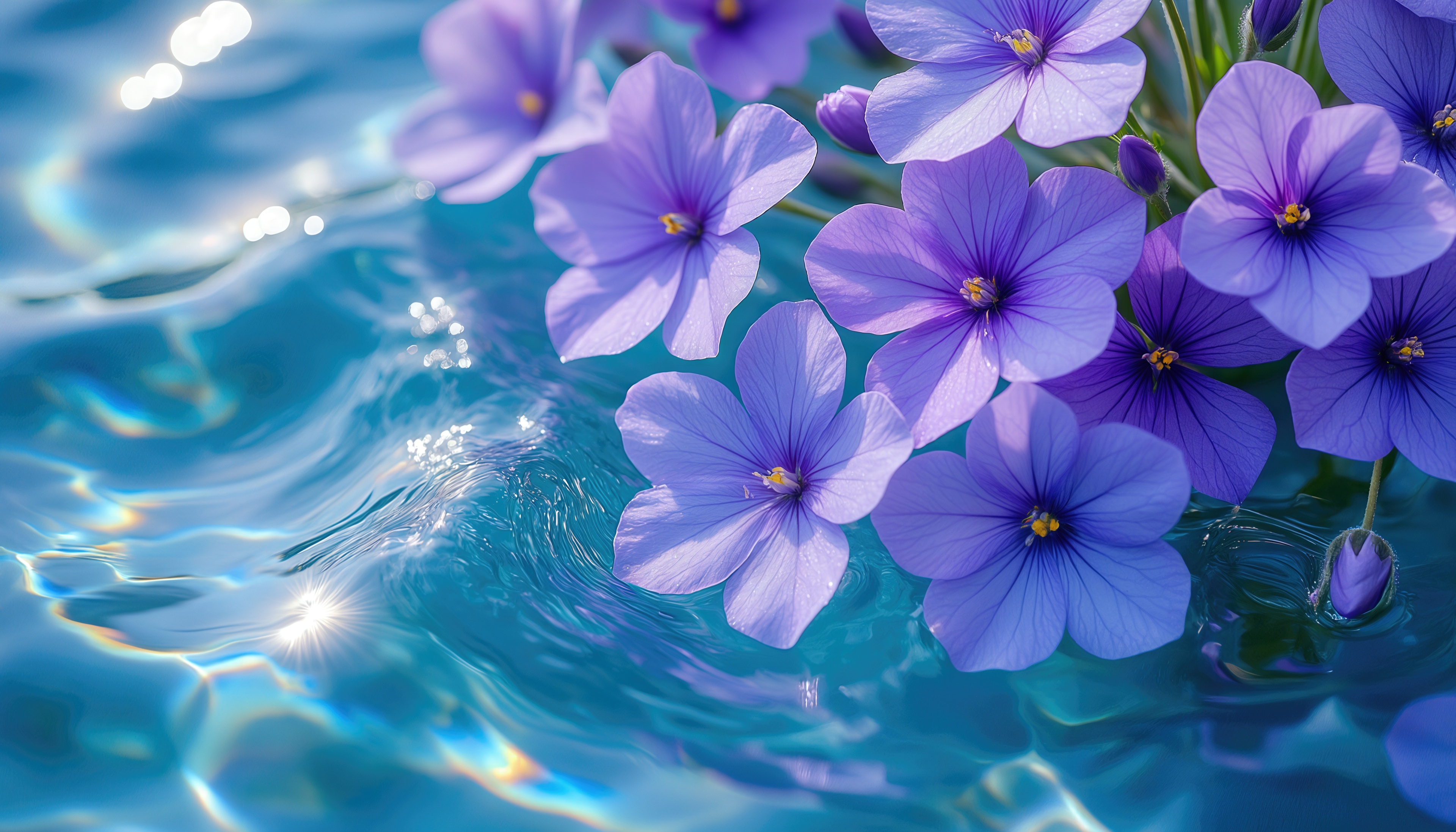Free photo Purple flowers float on the surface of the clear azure water with bright sunlight and ripples.