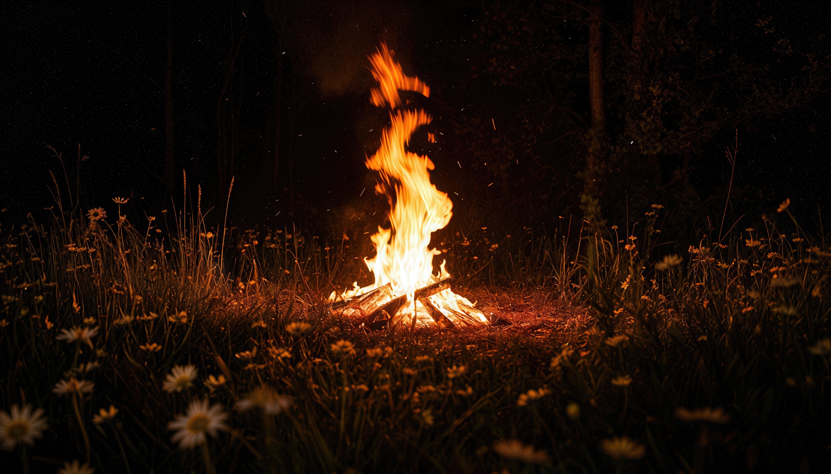Костер в ночи на поле с цветами.