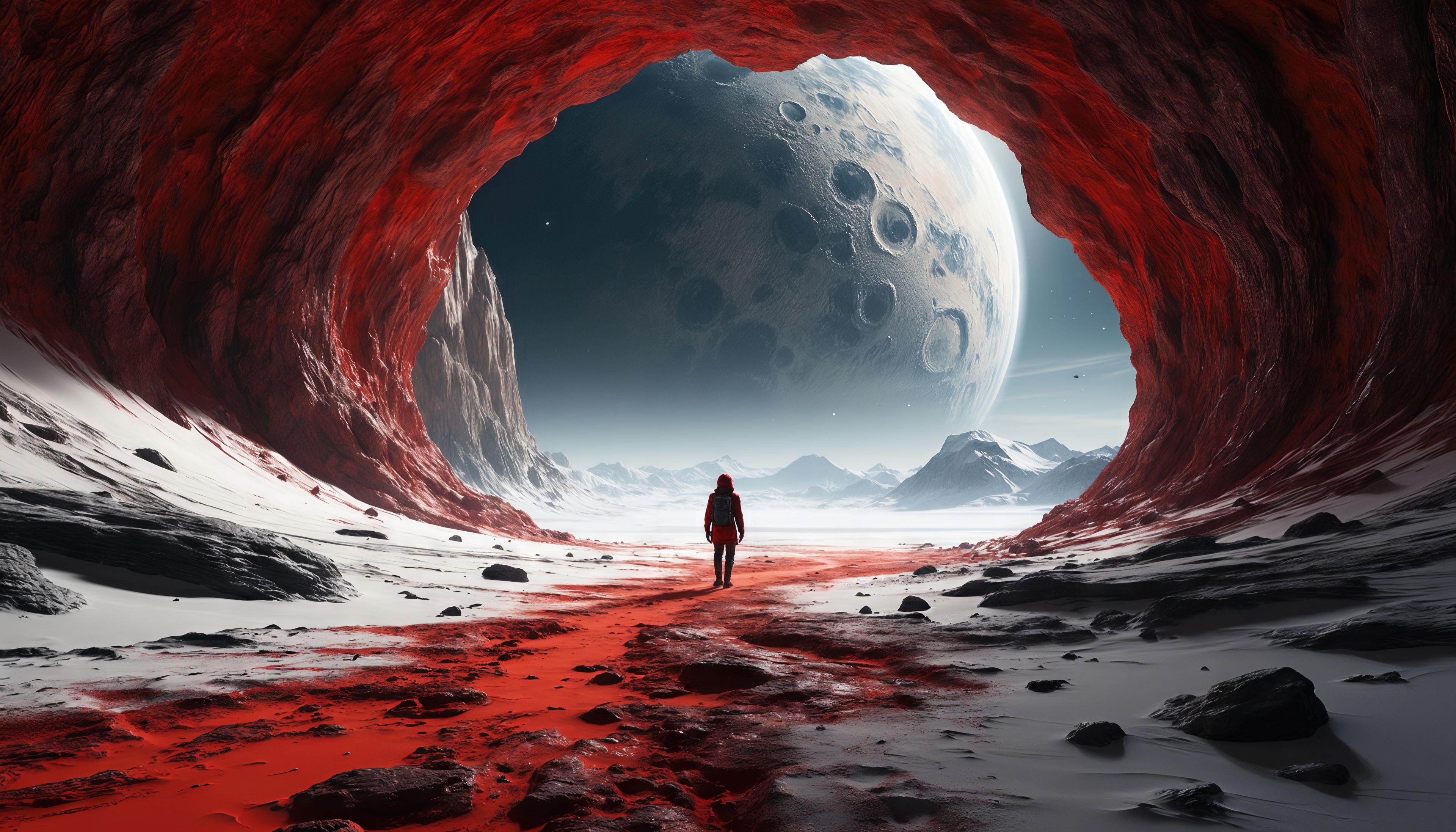 Одинокий странник в пещере на чужой планете, на фоне гигантского спутника.