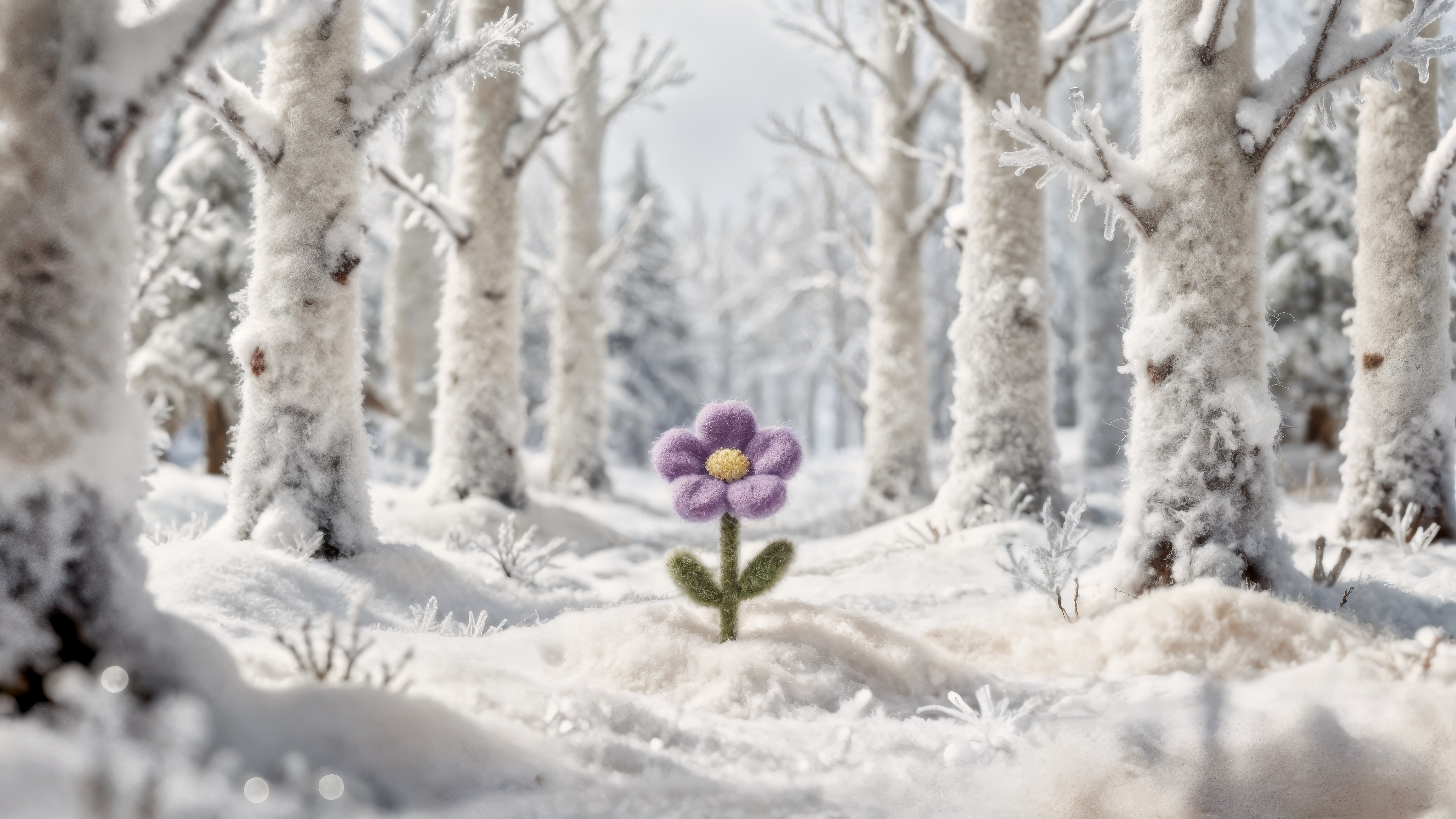 Бесплатное фото Одинокий фиолетовый цветок, сидящий посреди заснеженного леса.
