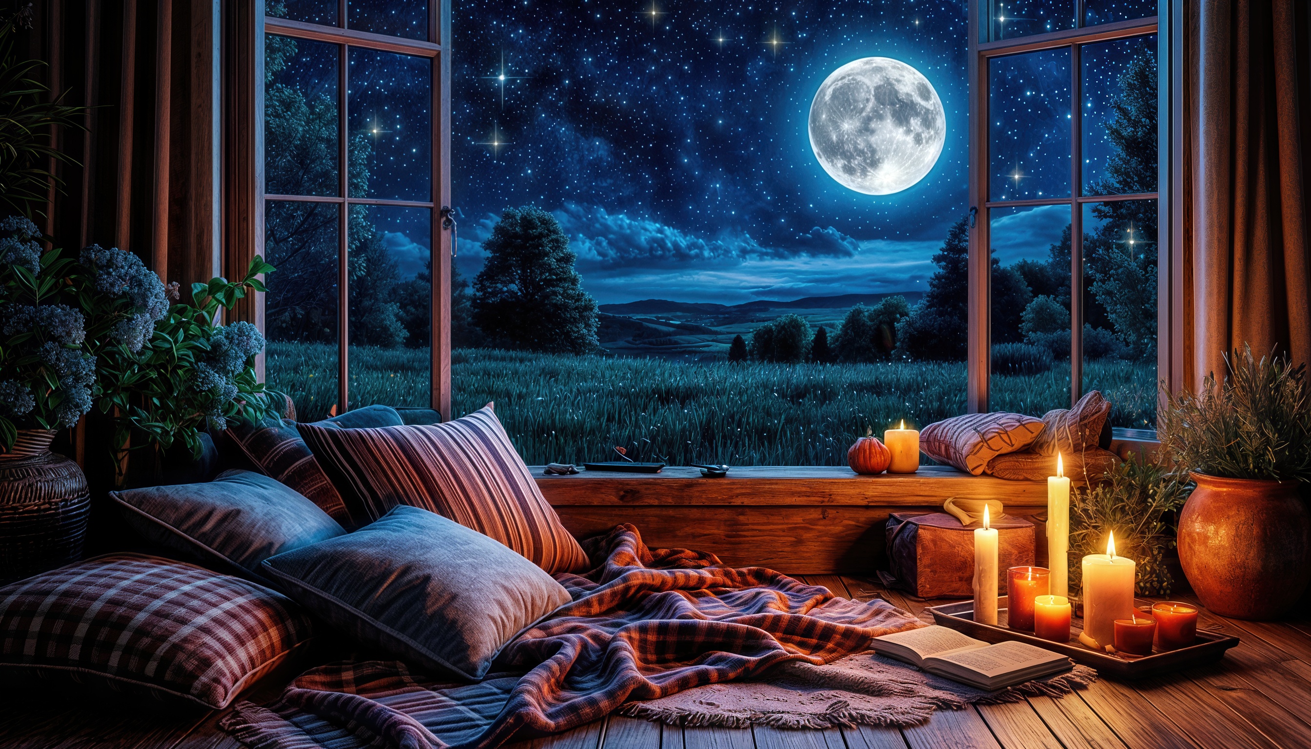Уютный уголок с подушками и пледом у раскрытого окна с видом на ночную природу, украшенный свечами и растениями.