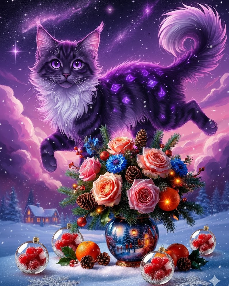 Бесплатная открытка Новогодний волшебный кот.