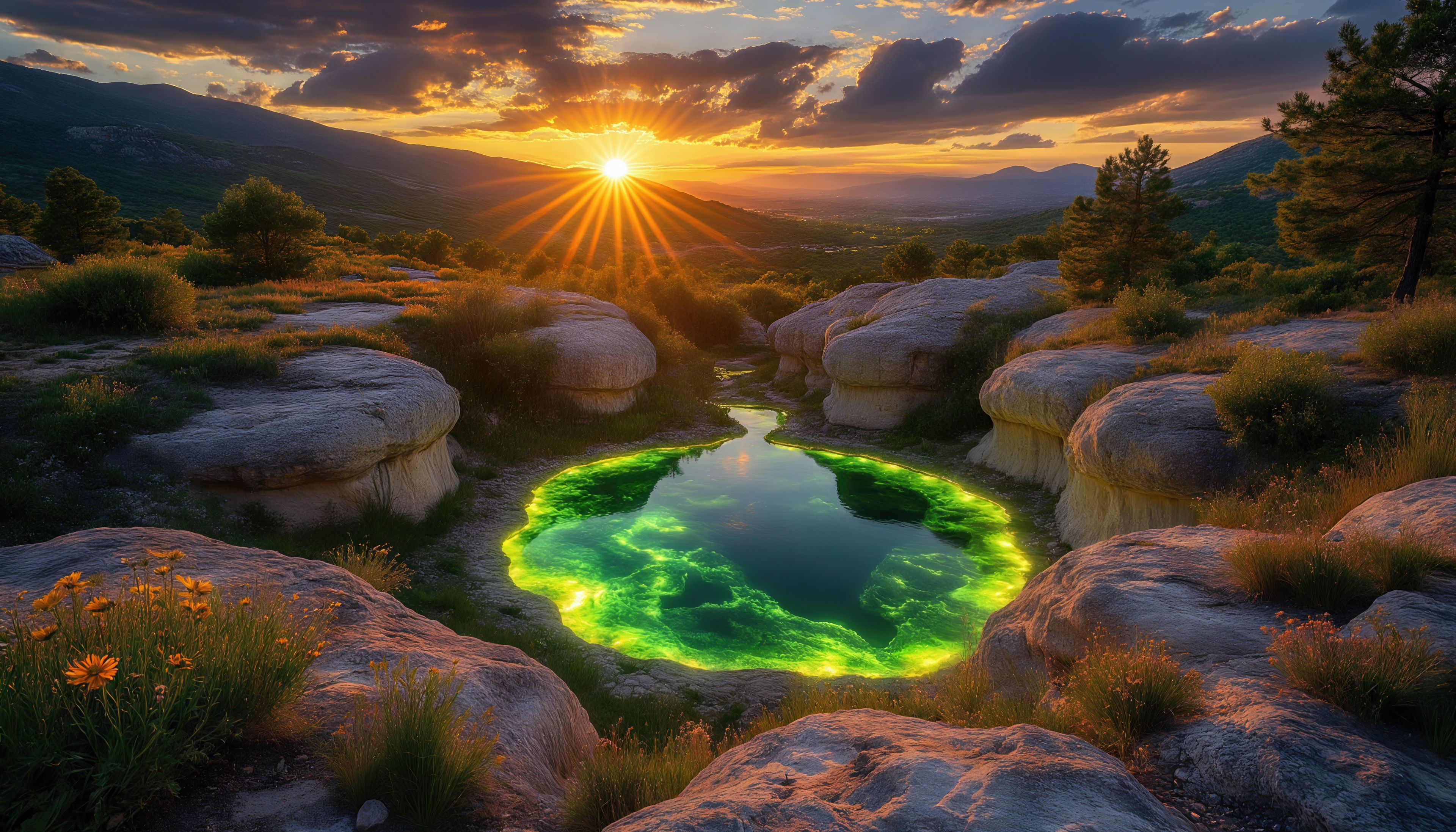 Бесплатное фото Завораживающий закат над горным озером с изумрудным свечением воды.