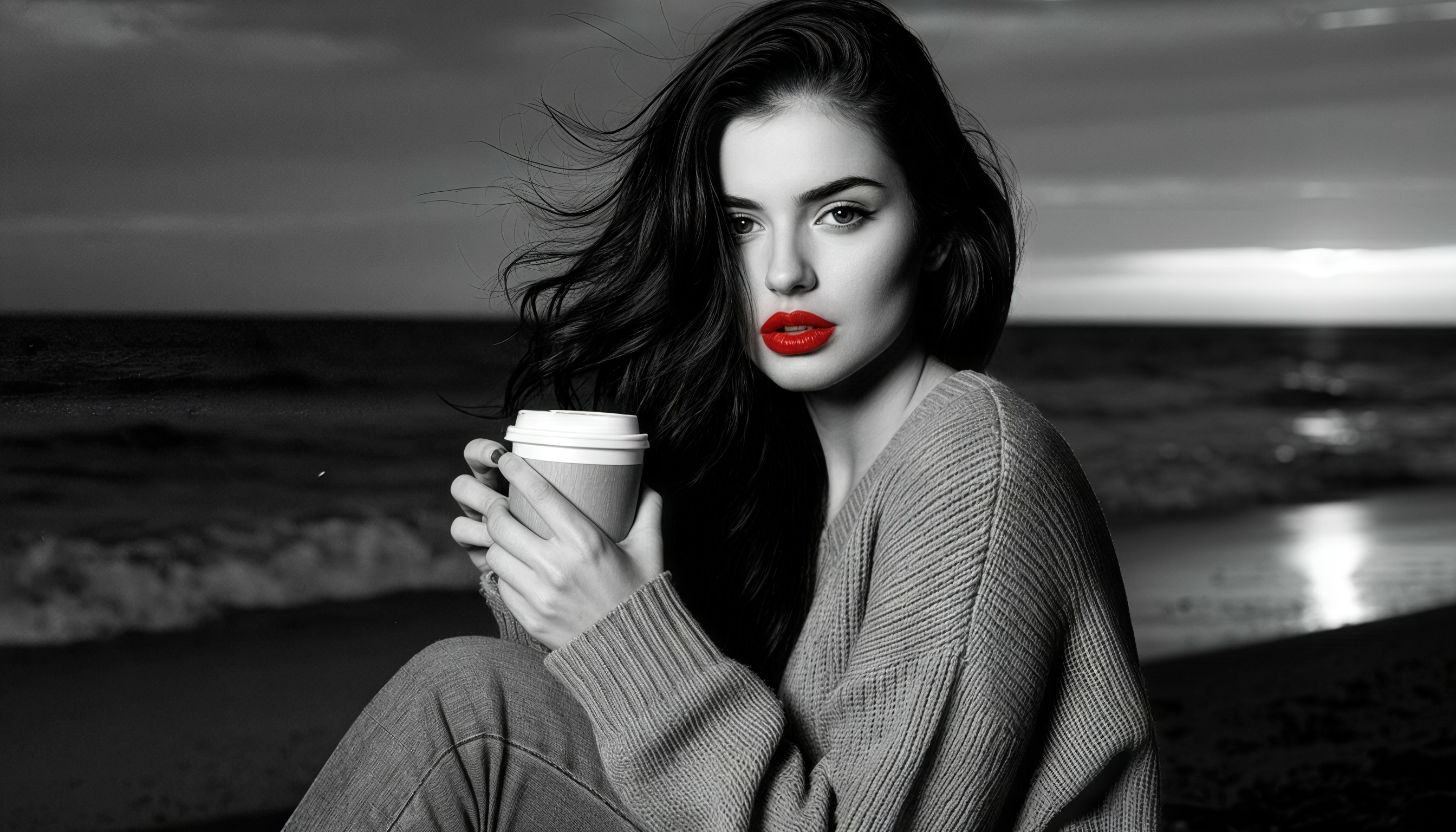 Девушка с красными губами на пляже держит стаканчик с кофе на черно-белой фотографии с контрастным цветом губ.