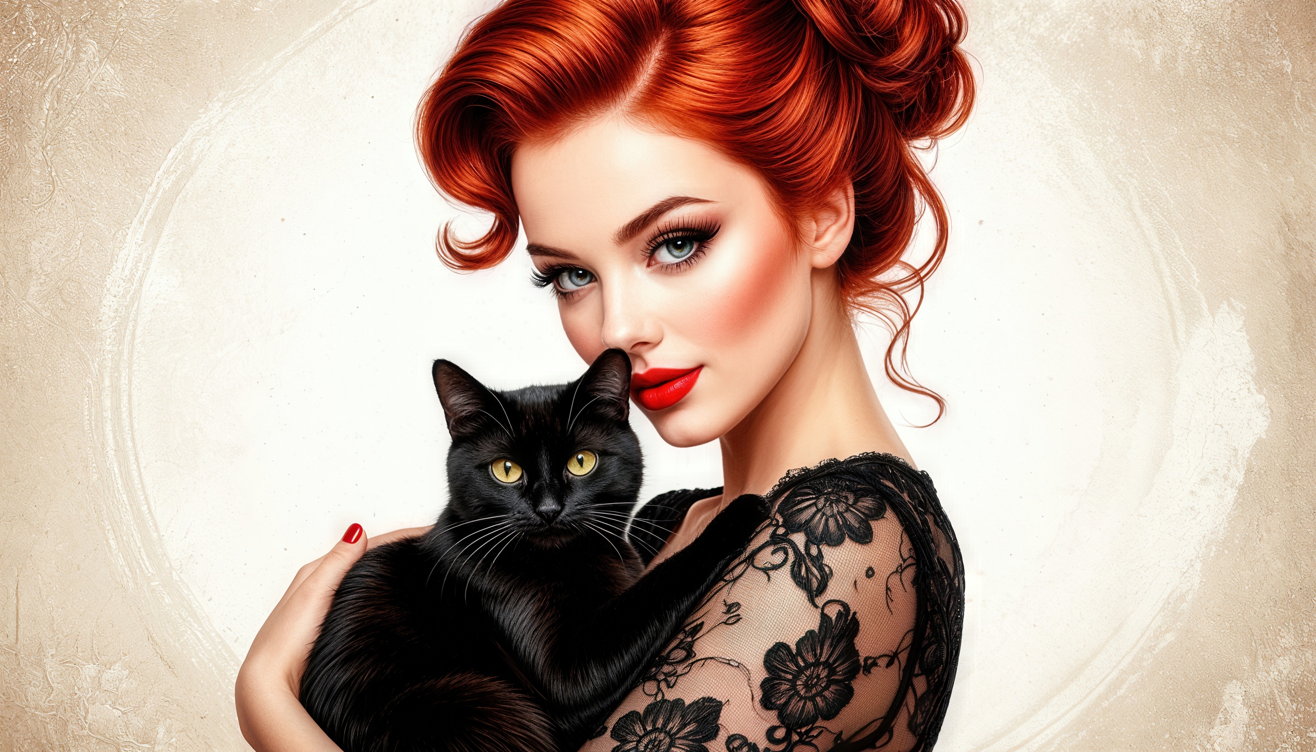 Бесплатное фото Женщина с рыжими волосами и ярким макияжем держит на руках черного кота на светлом фоне с абстрактными элементами.