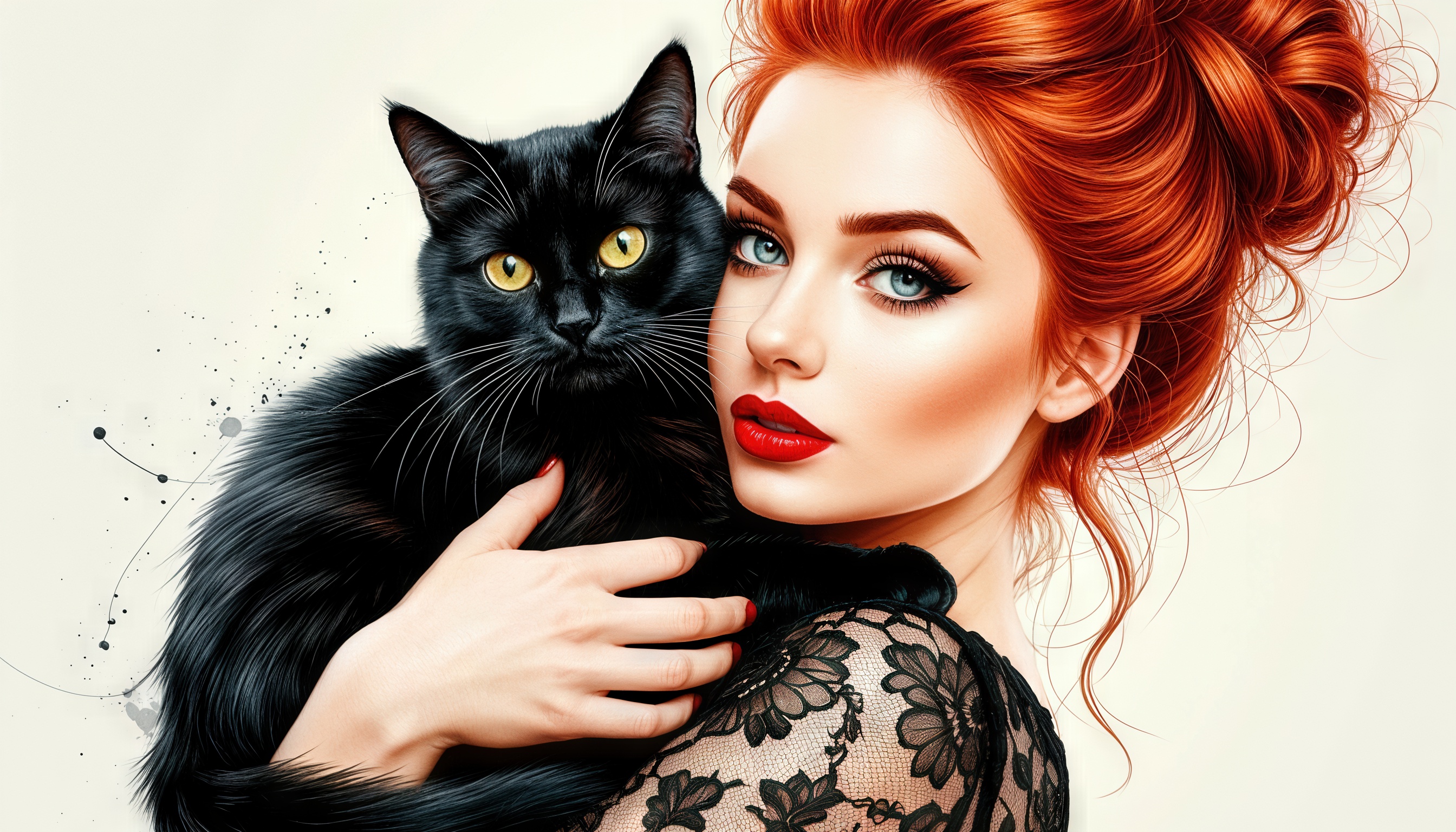 Девушка с рыжими волосами и ярким макияжем держит на руках черного кота.
