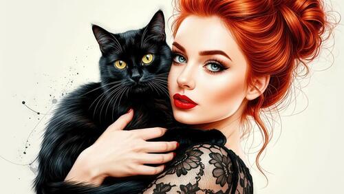 Бесплатное фото Девушка с рыжими волосами и ярким макияжем держит на руках черного кота.