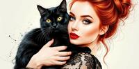 Девушка с рыжими волосами и ярким макияжем держит на руках черного кота.