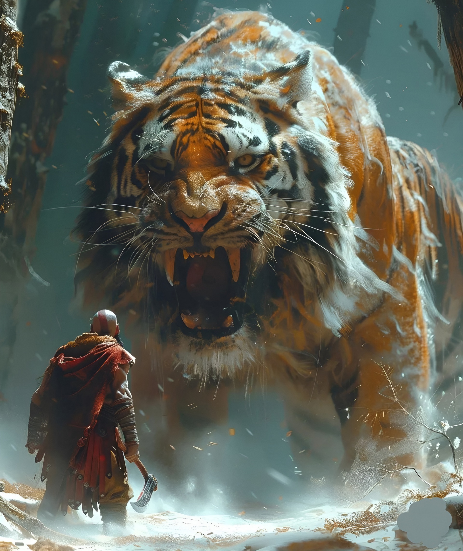 Бесплатное фото Встреча Кратоса с тигром