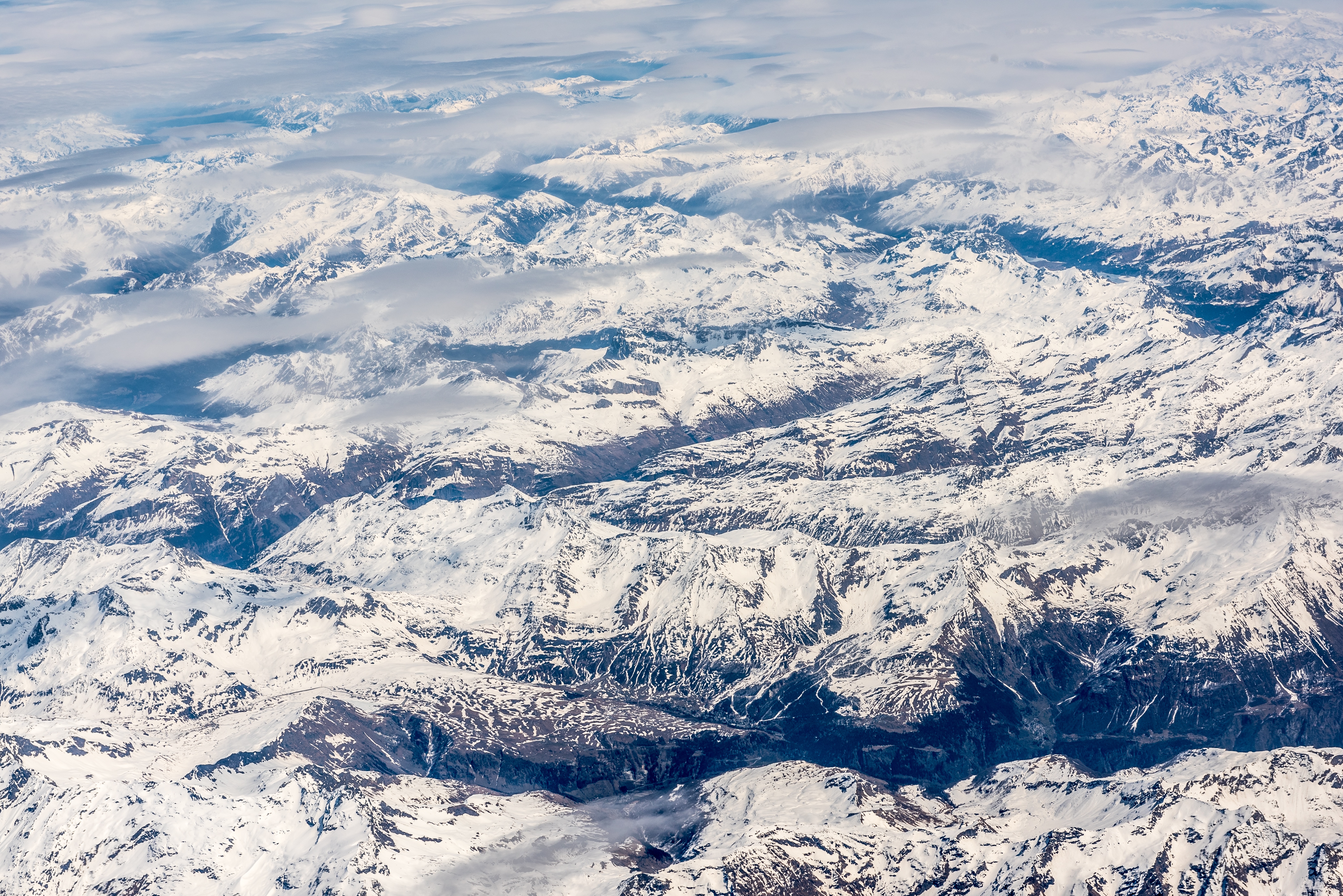 A bird`s eye view of the snowy mountains