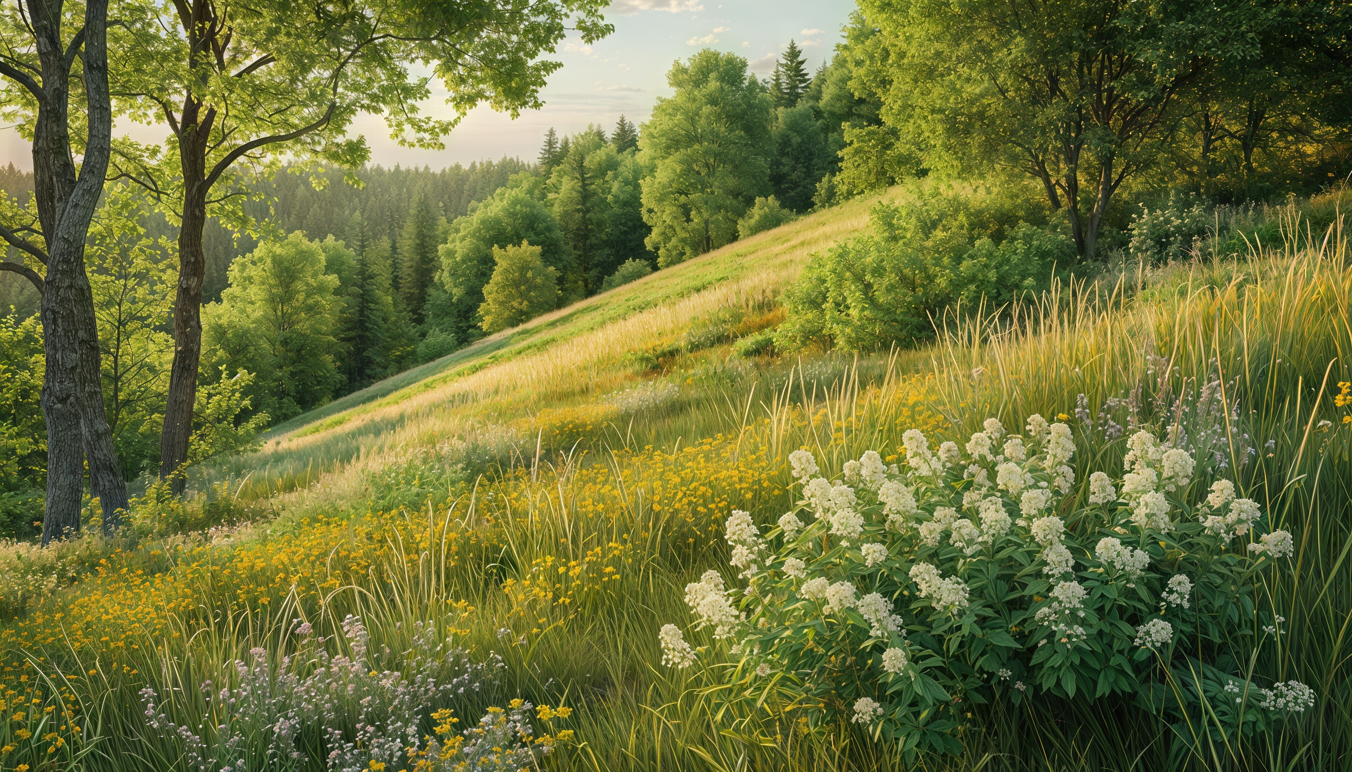 Бесплатное фото Пейзаж Русского Севера с холмами, травой, цветами и деревьями, передающий спокойствие и умиротворение.
