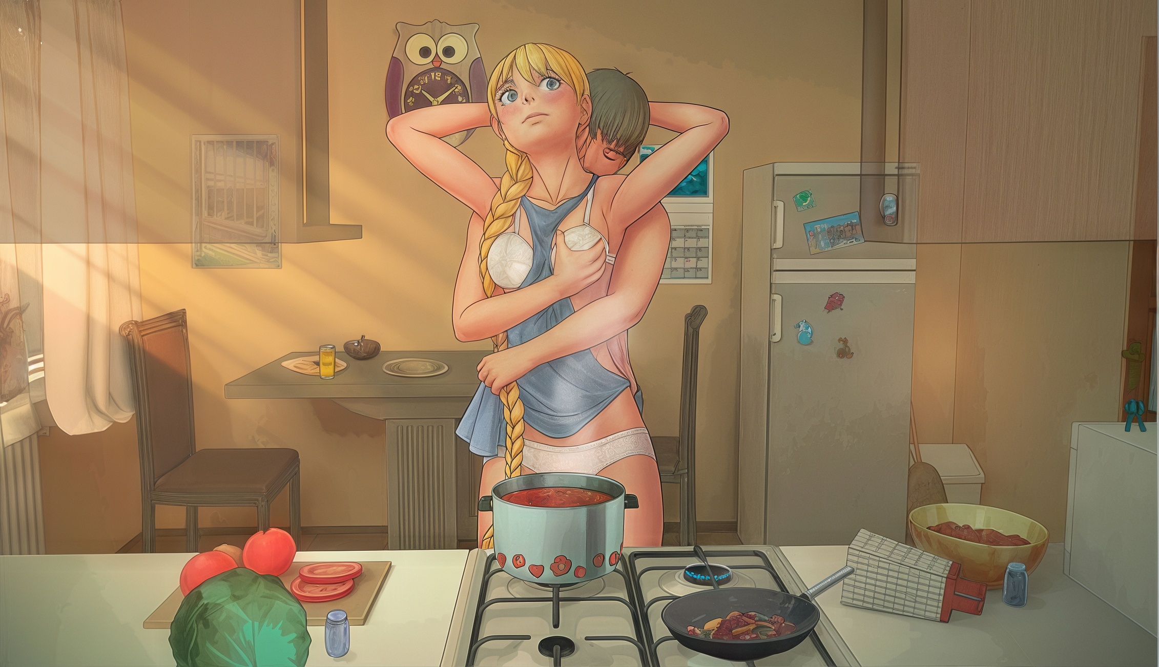 Славя и Семён в уютной кухне, объятия и нежность, кастрюля с супом, плакат с совой на стене.