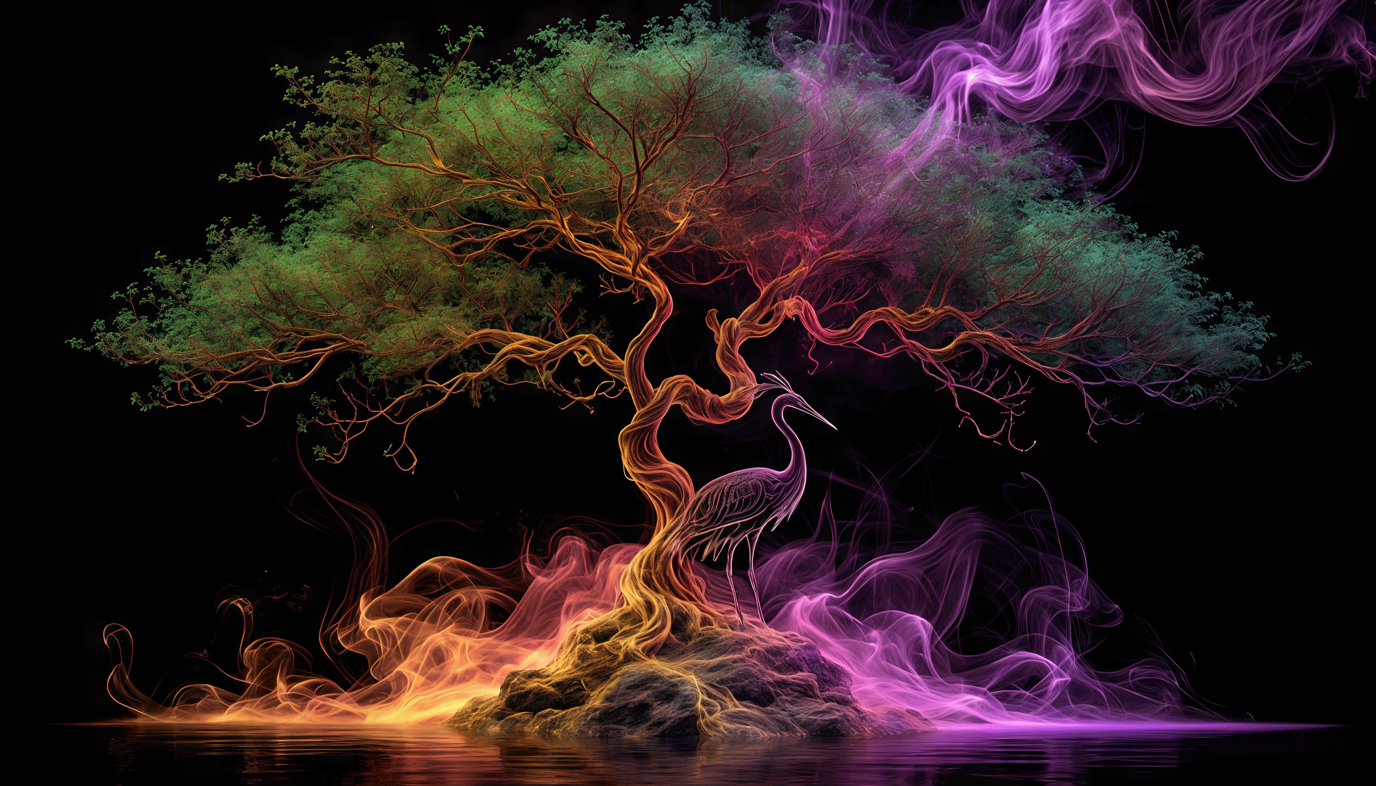 Яркое, динамичное дерево с разноцветными ветвями и мистическим дымом, под которым стоит журавль.
