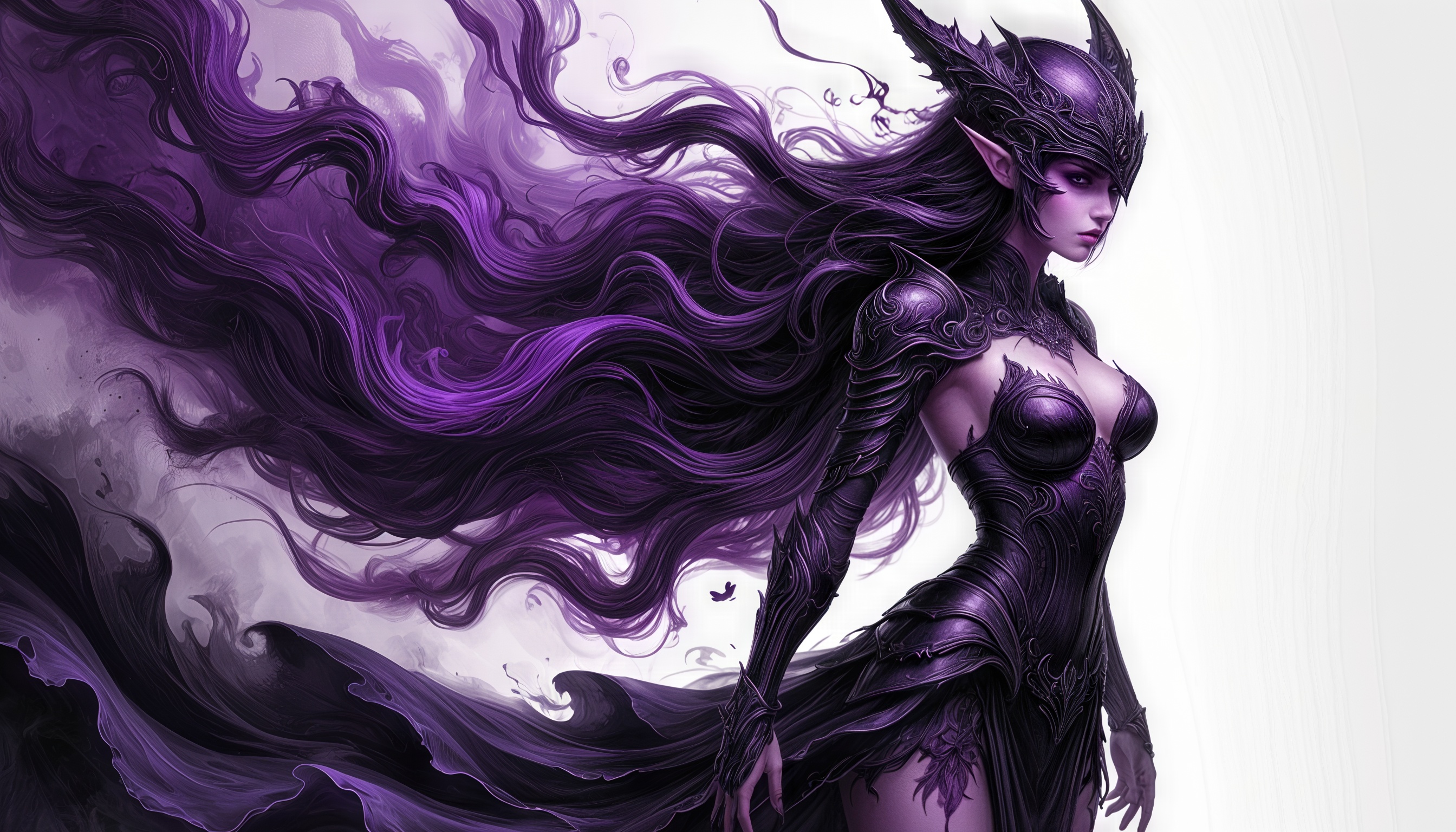 Девушка-демонесса с длинными темными волосами и рогами, в темном костюме с элементами брони.