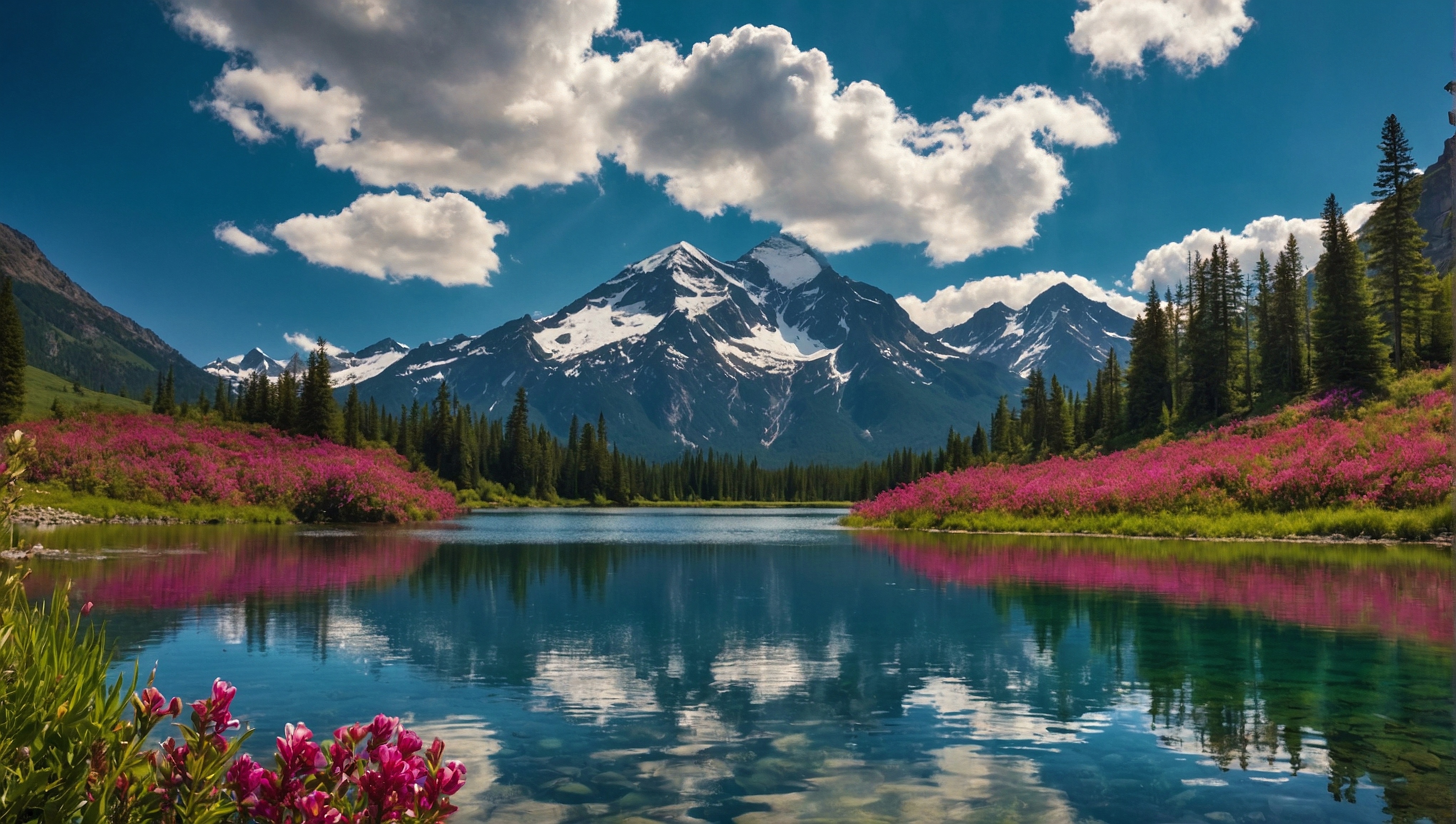 Красивая сцена с цветами и заснеженными горами