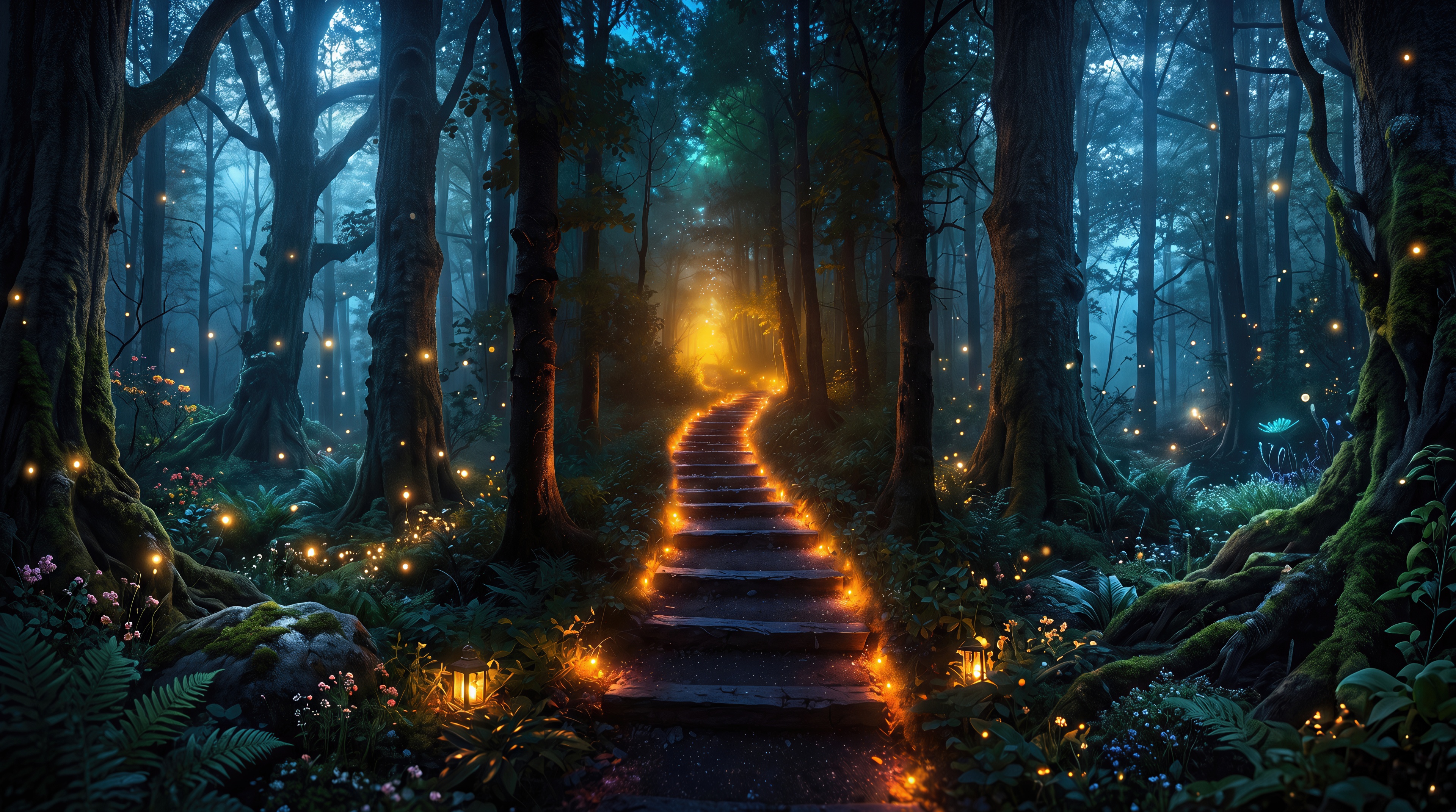 Free photo Fabulous AI art with a winding stone staircase glowing with golden fire in the middle of the night forest.