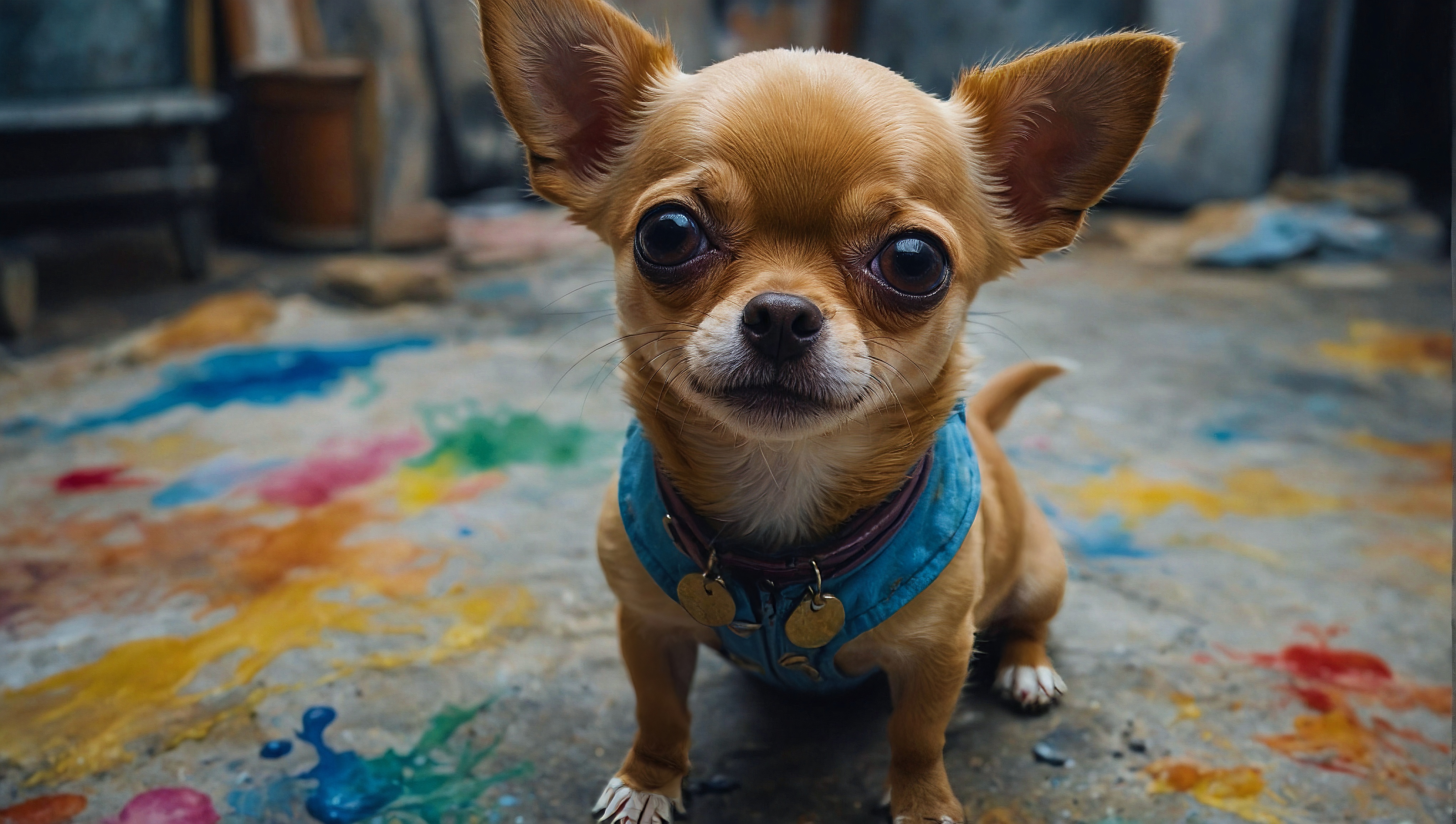 A small chihuahua with an ear ring on a carpeted floor