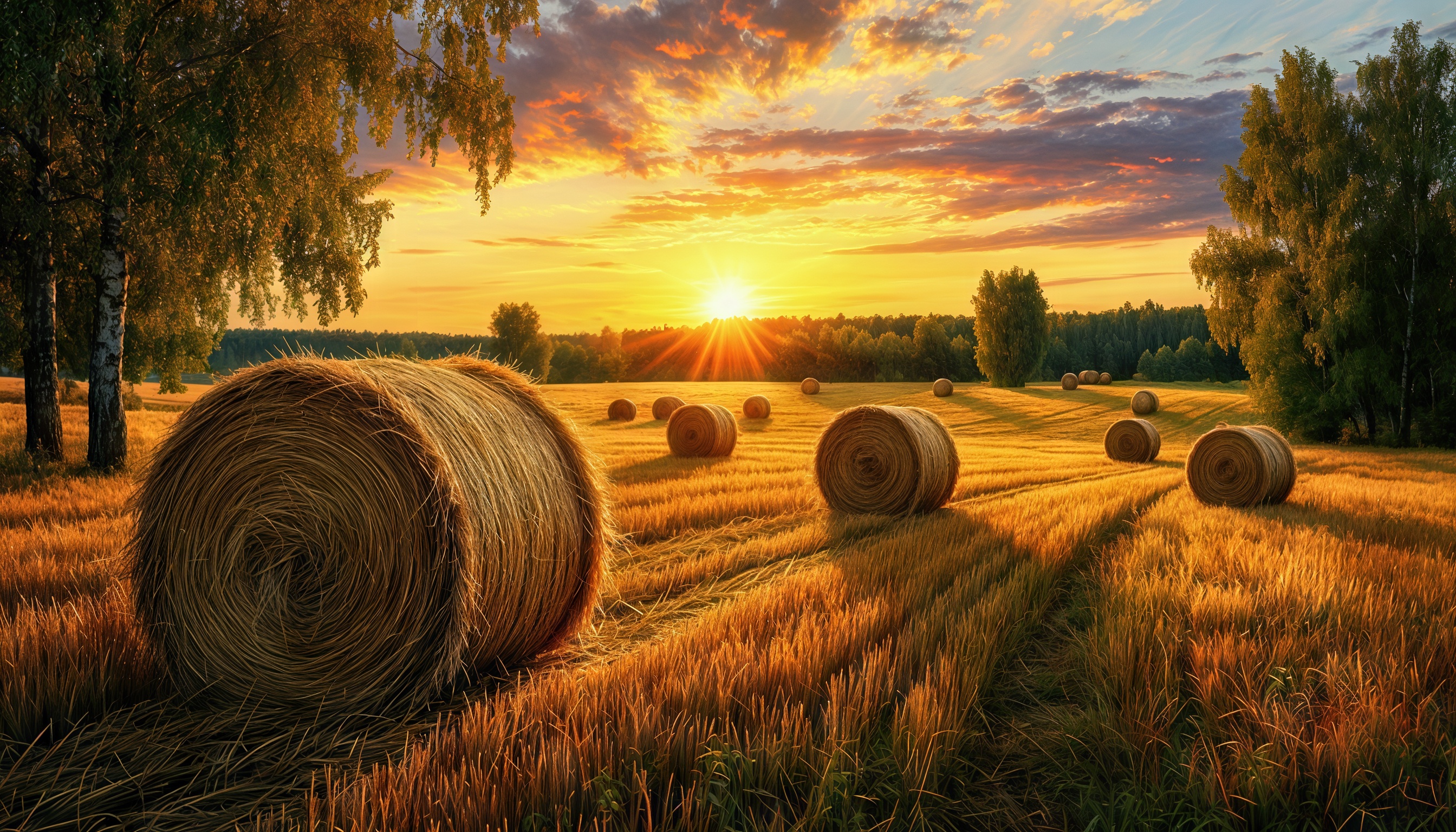 Закатное поле с рулонами сена, окутанное золотым светом.