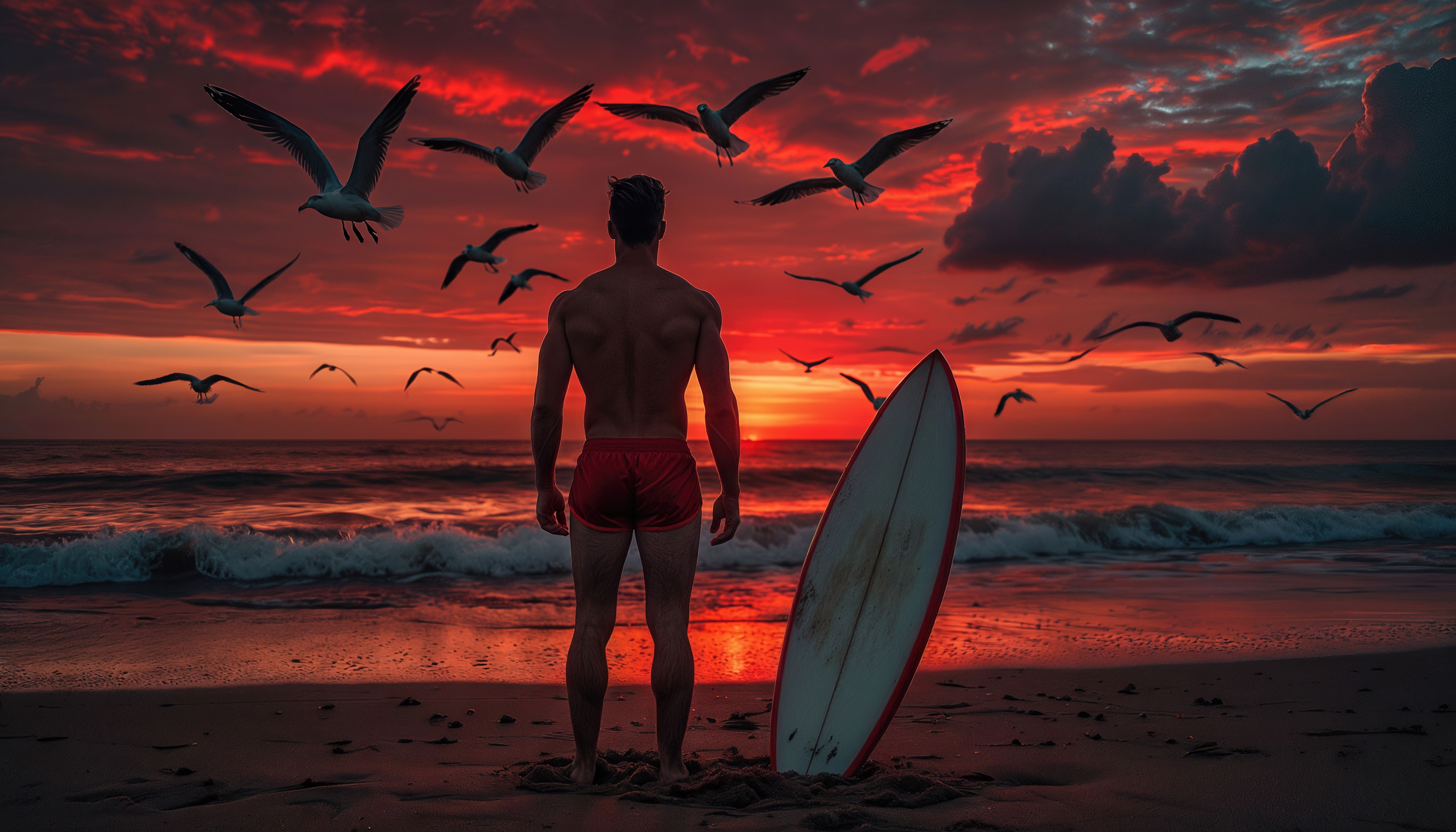 Бесплатное фото Сёрфер в алых плавках стоит у волн, чайки кружат в огненном закате, доска ждёт нового рывка.