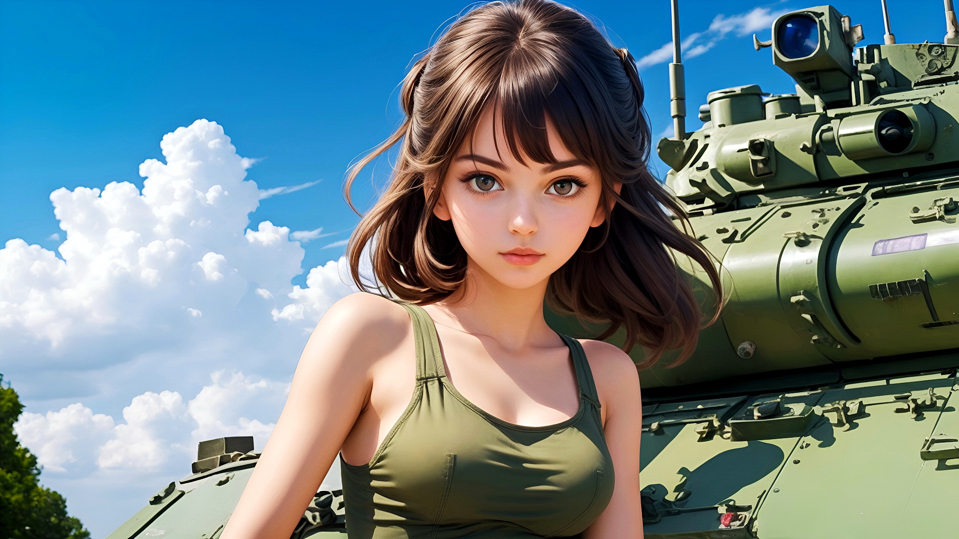 Girl soldier in green T-shirt on the background of the tank