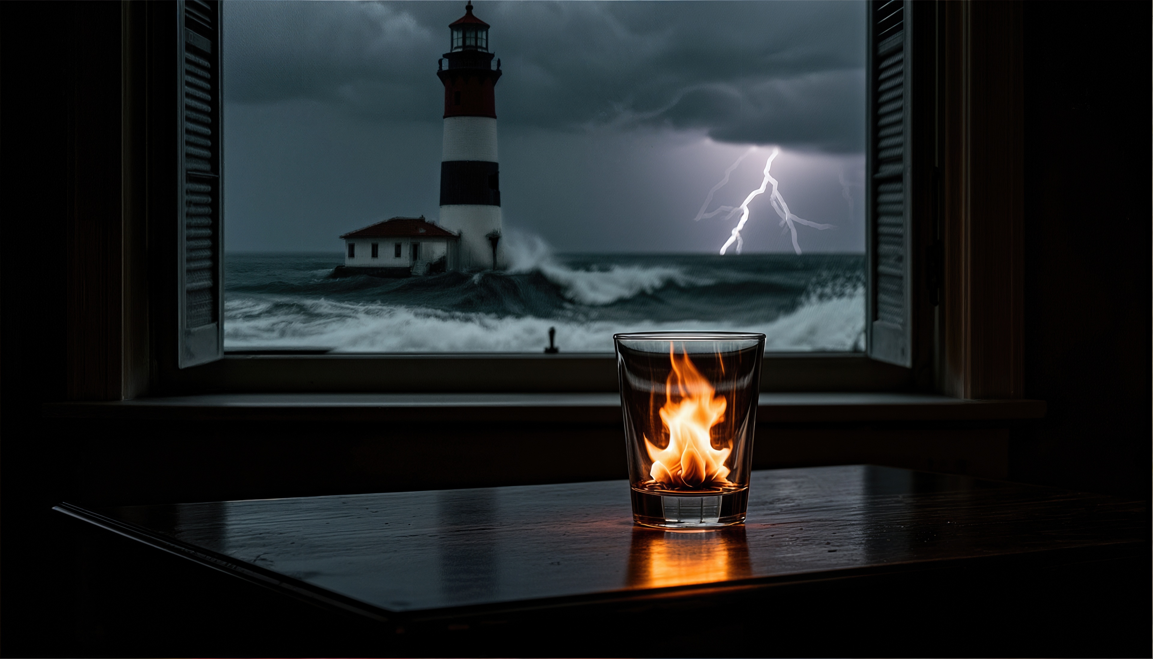 A fire in a glass on a table in front of an open window with a view of the storm, the ocean and a lighthouse with lightning.