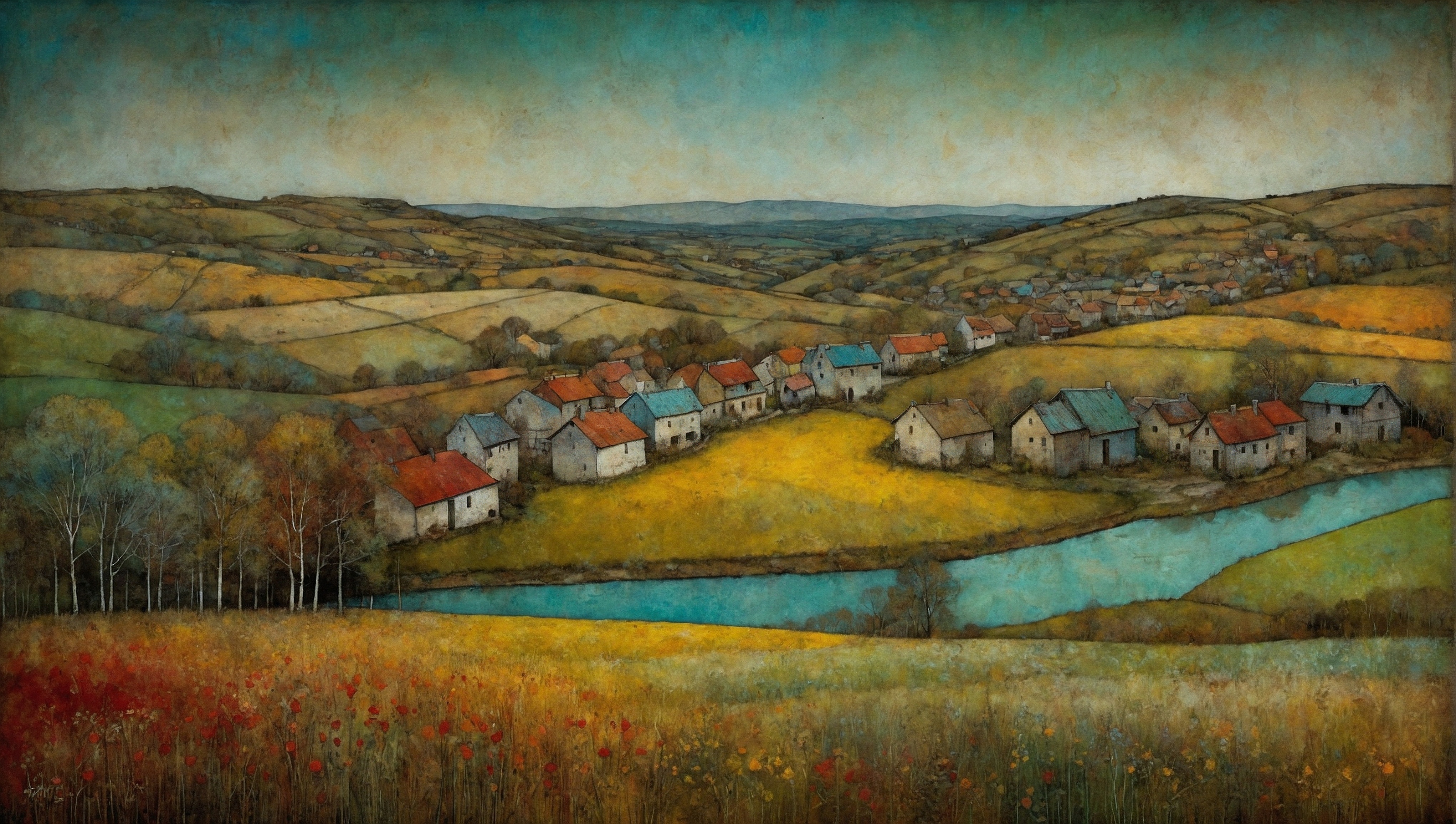 Free photo An artistic painting shows houses on a hilly hillside