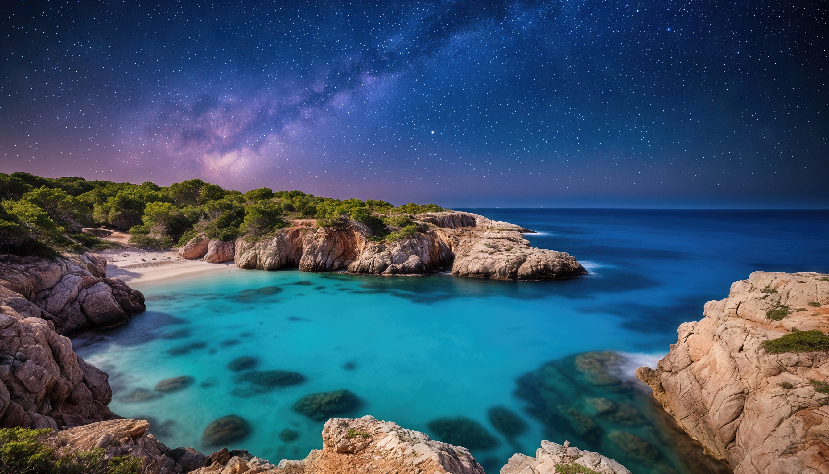 Бесплатное фото Ночной морской пейзаж с каменистыми скалами и звездным небом.