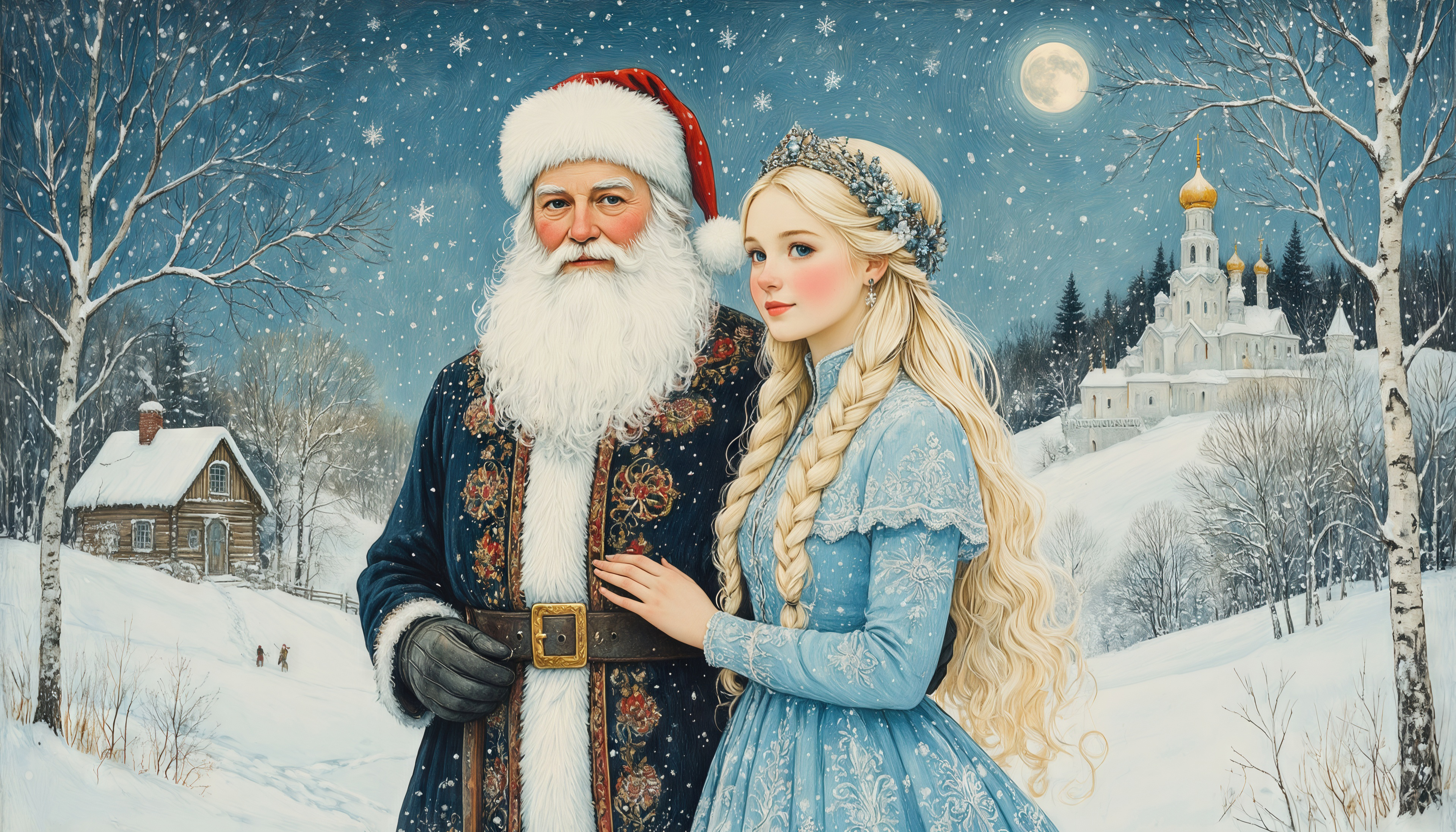 Бесплатное фото Дед Мороз и Снегурочка на фоне заснеженного леса и церкви.