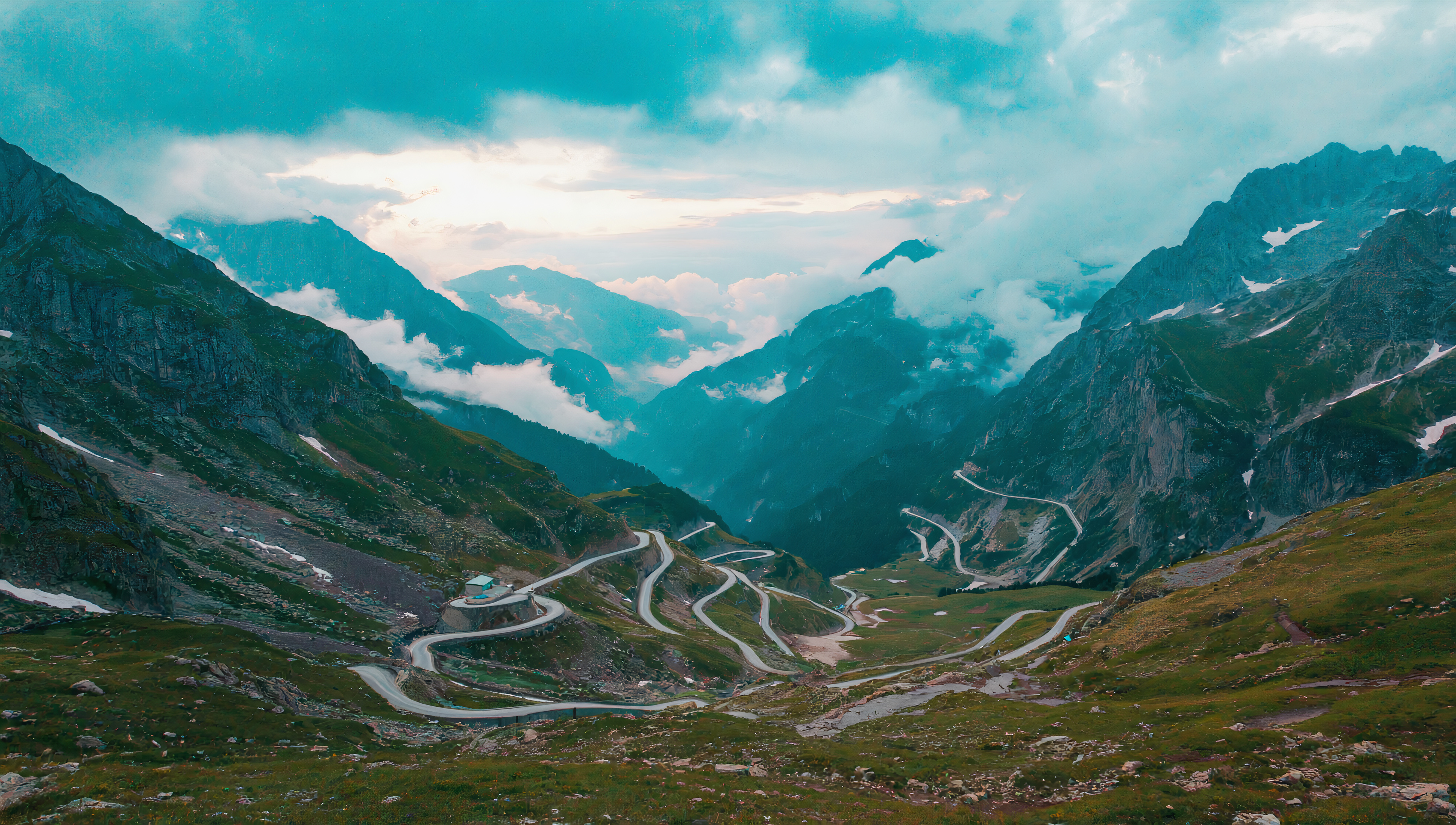 Бесплатное фото Обои на рабочий стол, пейзаж с видом на вершину горы и серпантин