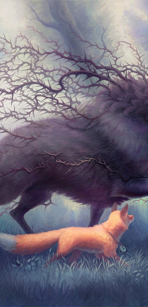 Бесплатное фото Сказочное существо бежит пол лесу с волком и лисой