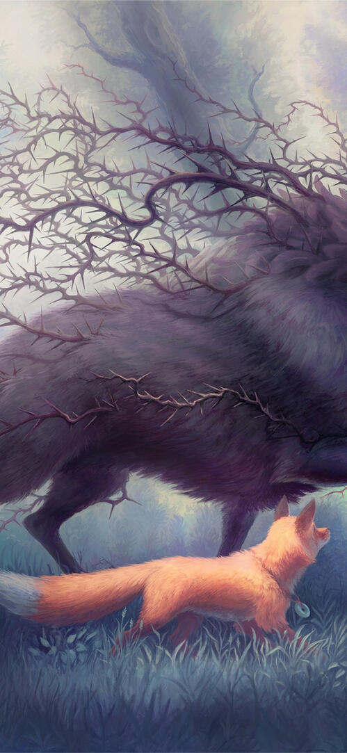 Бесплатное фото Сказочное существо бежит пол лесу с волком и лисой