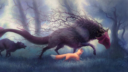Бесплатное фото Сказочное существо бежит пол лесу с волком и лисой