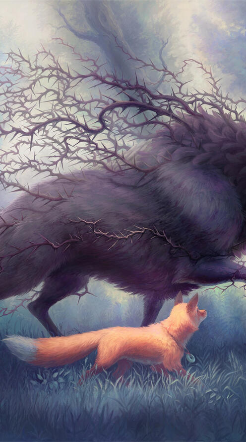 Бесплатное фото Сказочное существо бежит пол лесу с волком и лисой