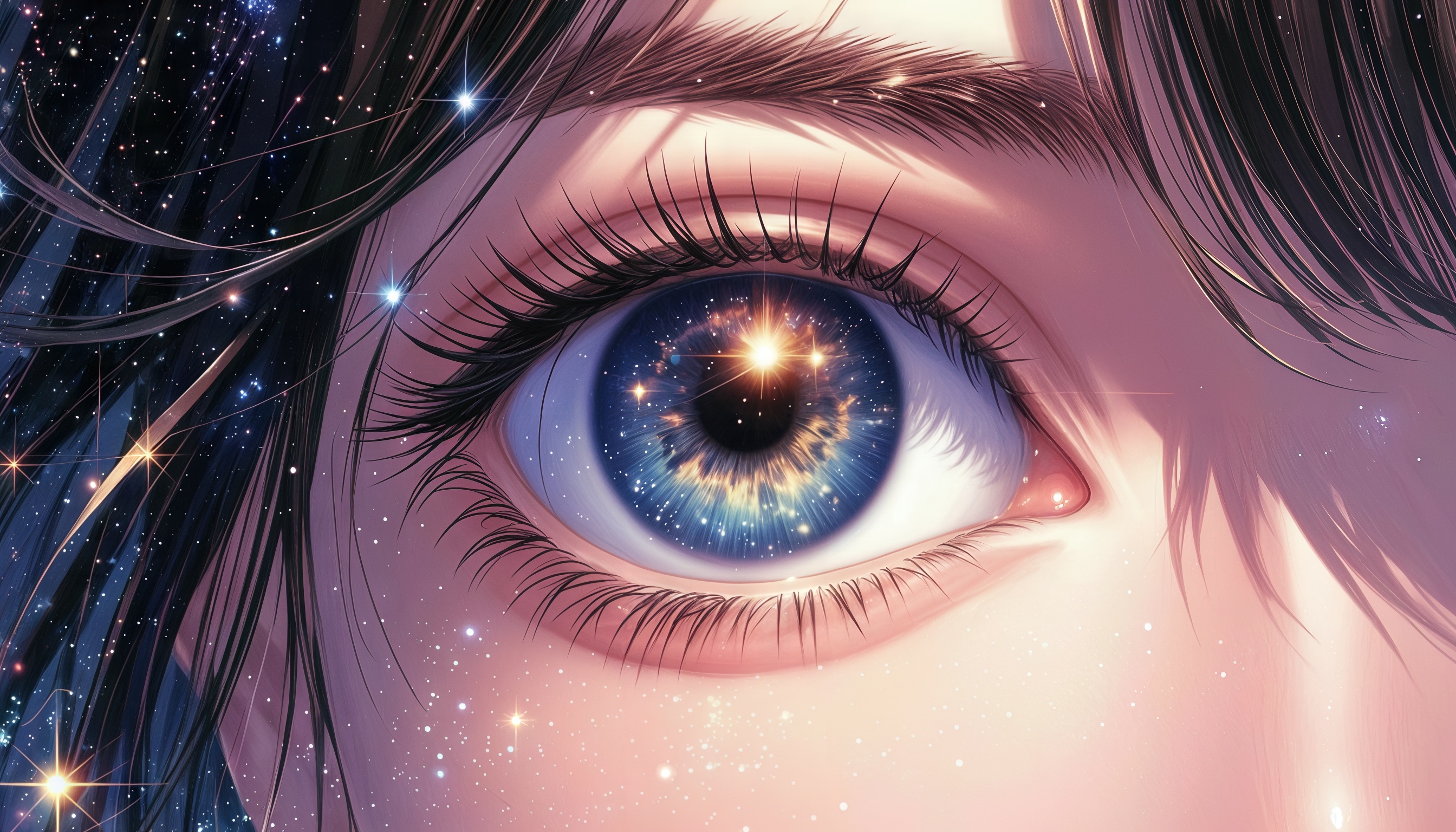 Глаз с космической радужкой, напоминающей звездное небо, и светящимися точками вокруг.