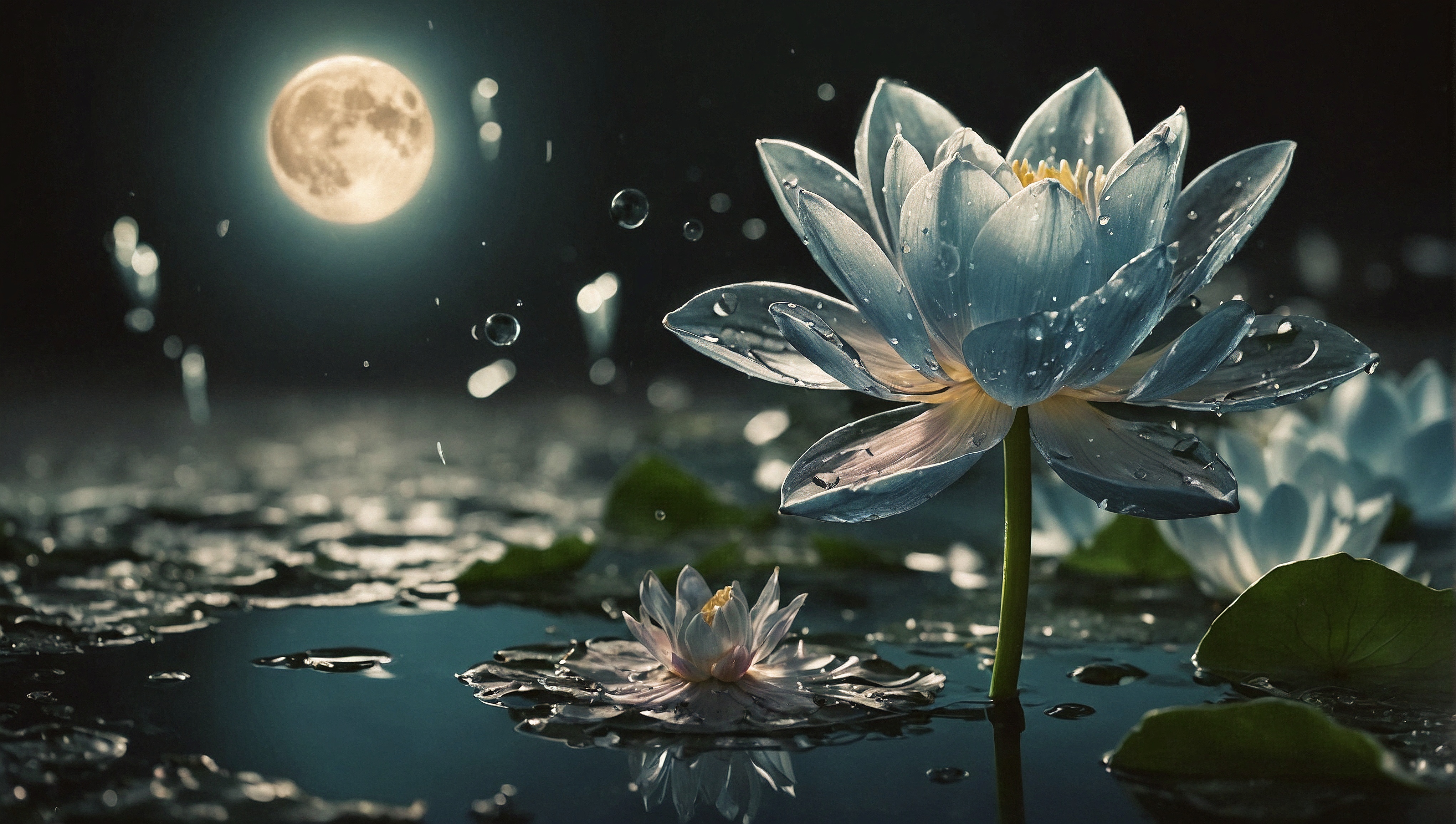 Free photo Lilies sitting in the water with the moon above them