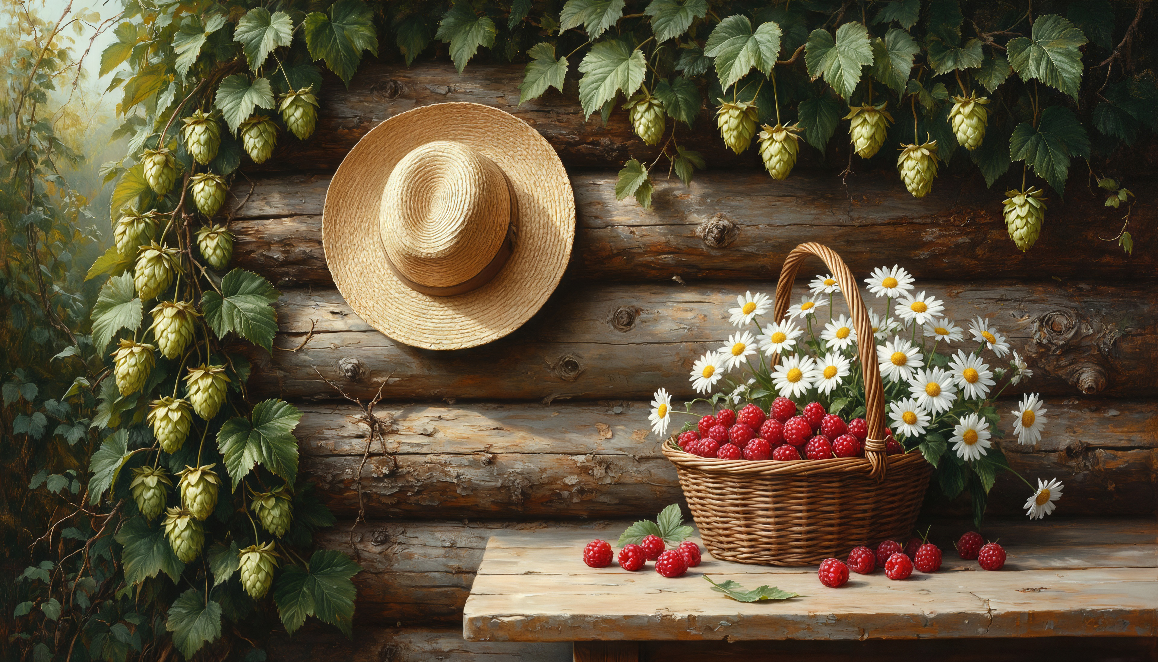 Бесплатное фото Летний натюрморт: плетёная корзина с малиной и ромашками на фоне бревенчатой стены.
