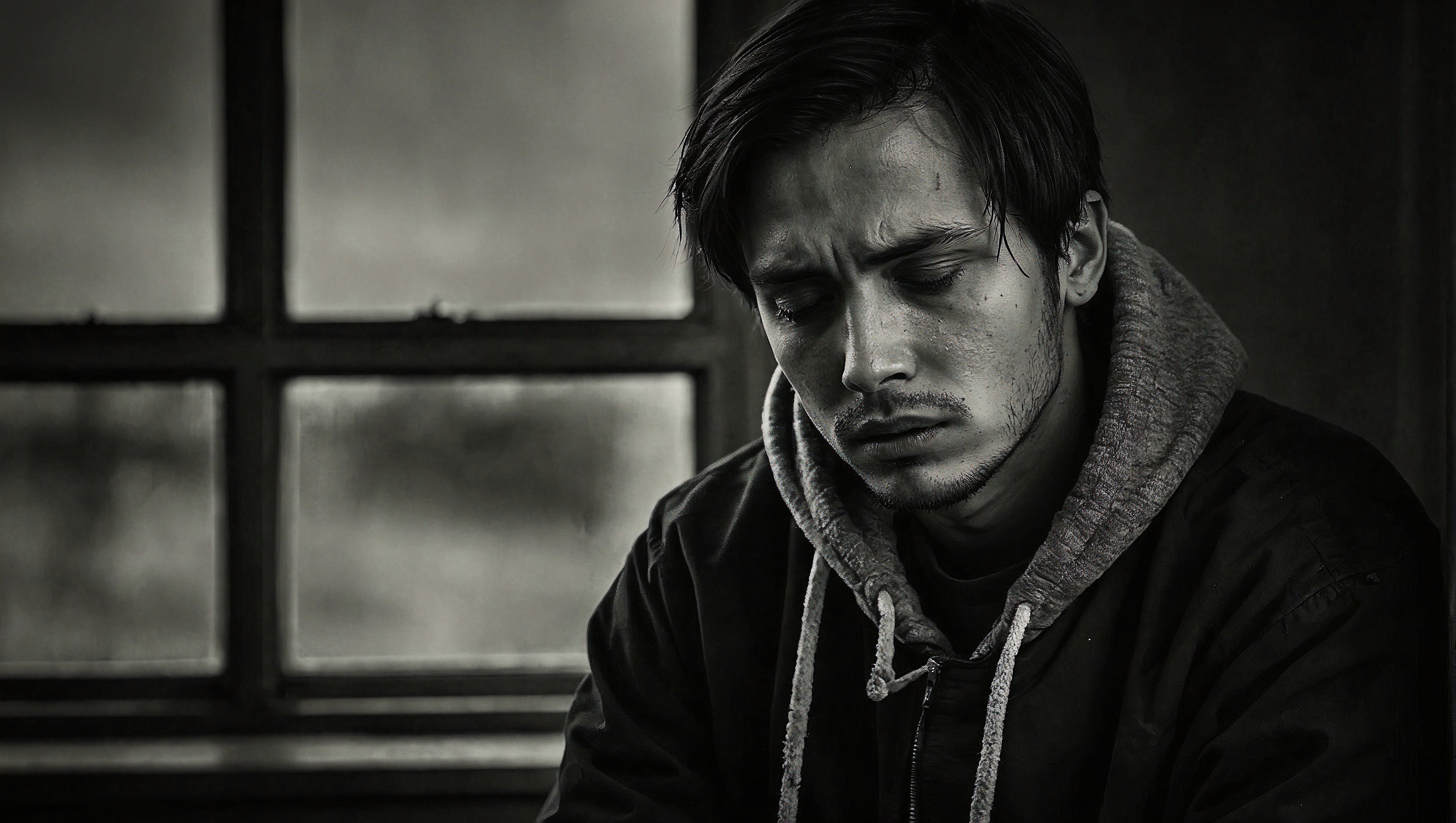 免费照片一张黑白照片，照片中一名男子正低头观看。