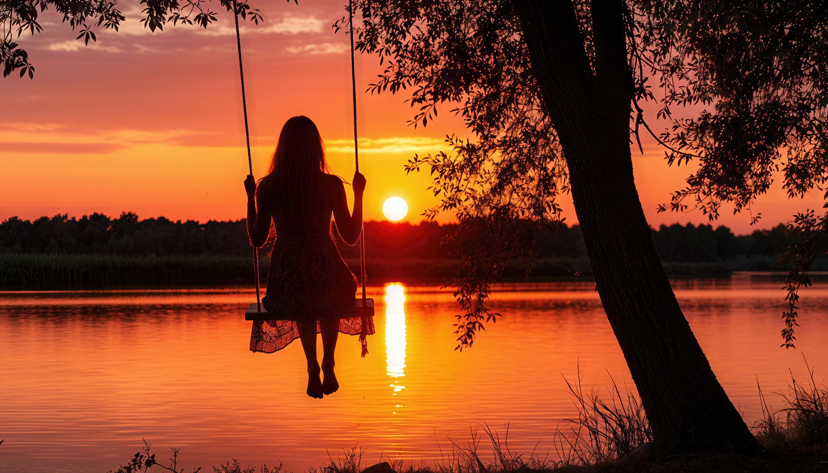 Бесплатное фото Девушка на качелях у озера на закате.