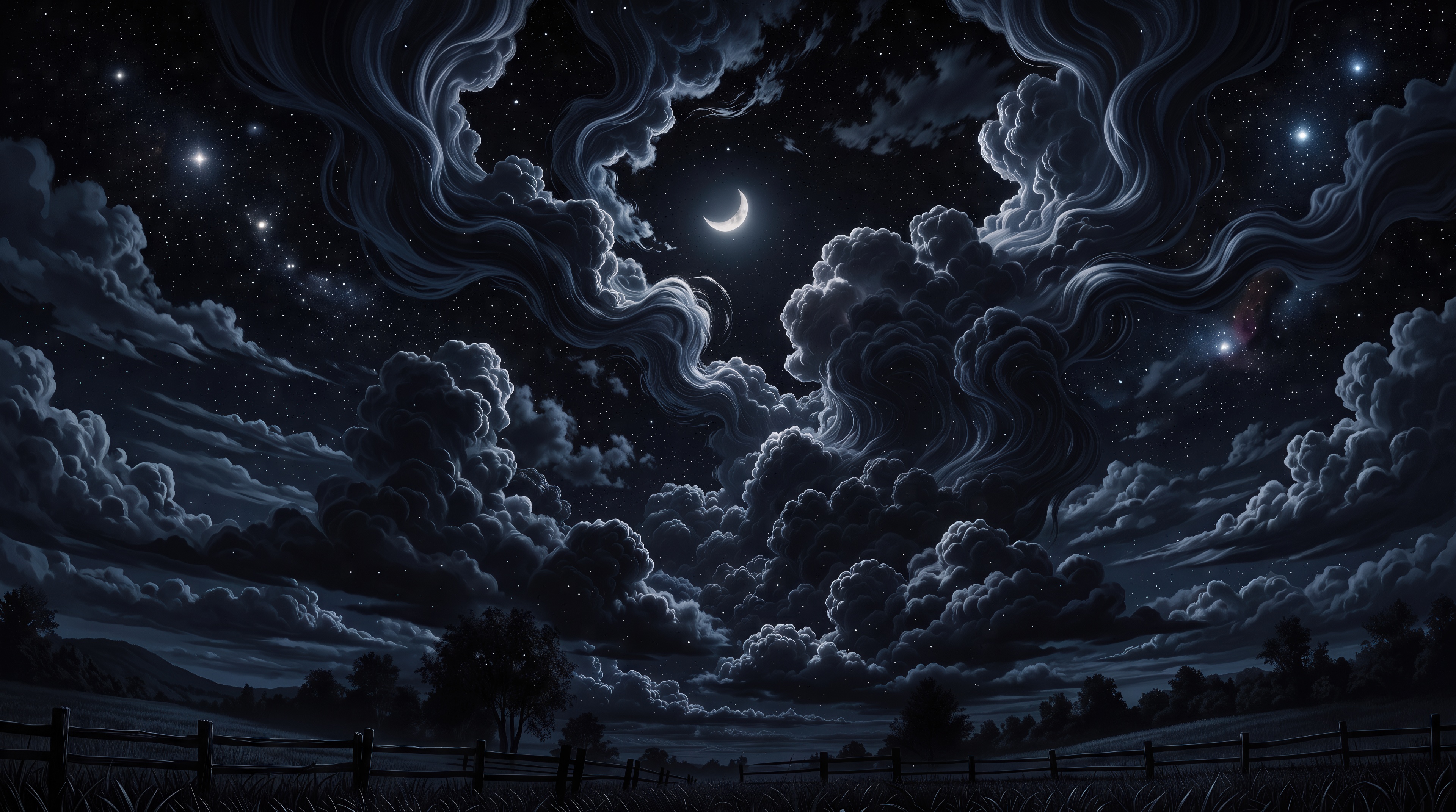 Free photo A contrasting pre-dawn shot that captures the epic movement of night clouds and the shimmer of distant space.