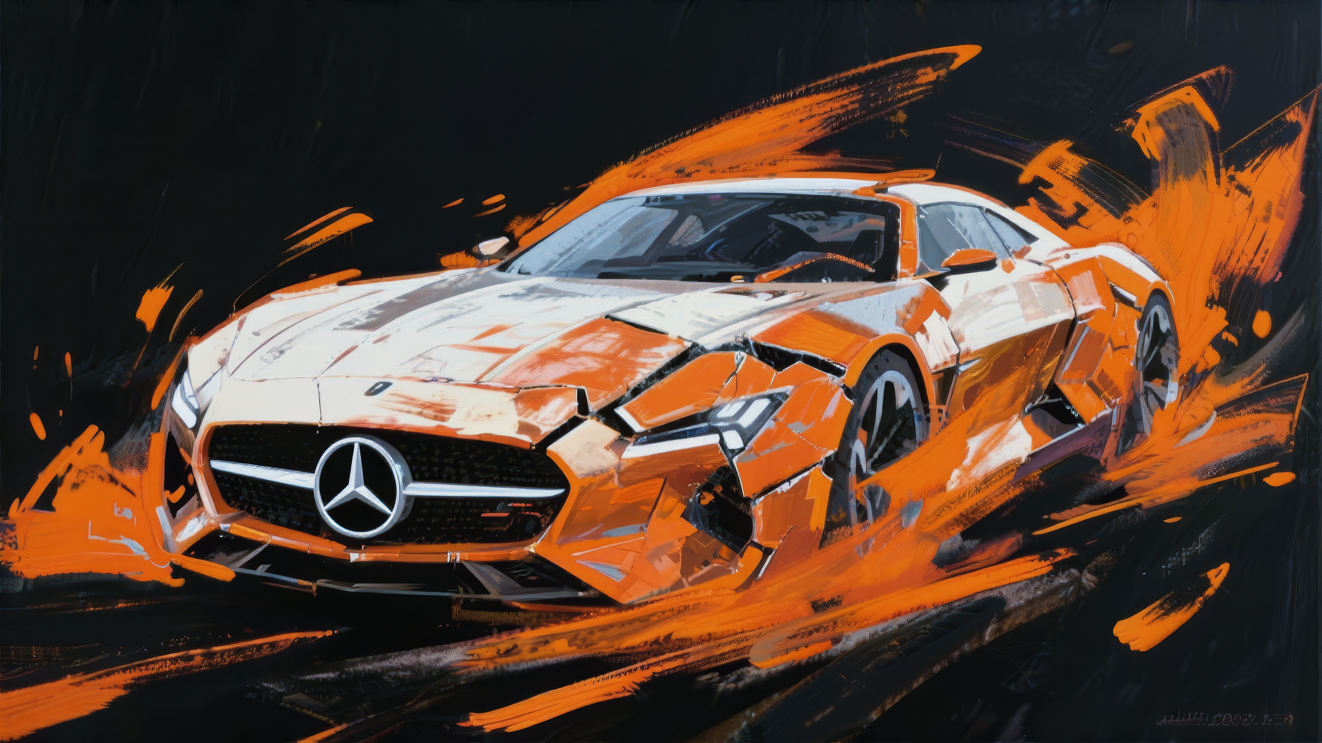 Оранжево-черное произведение искусства, изображающее автомобиль, выставленный на всеобщее обозрение