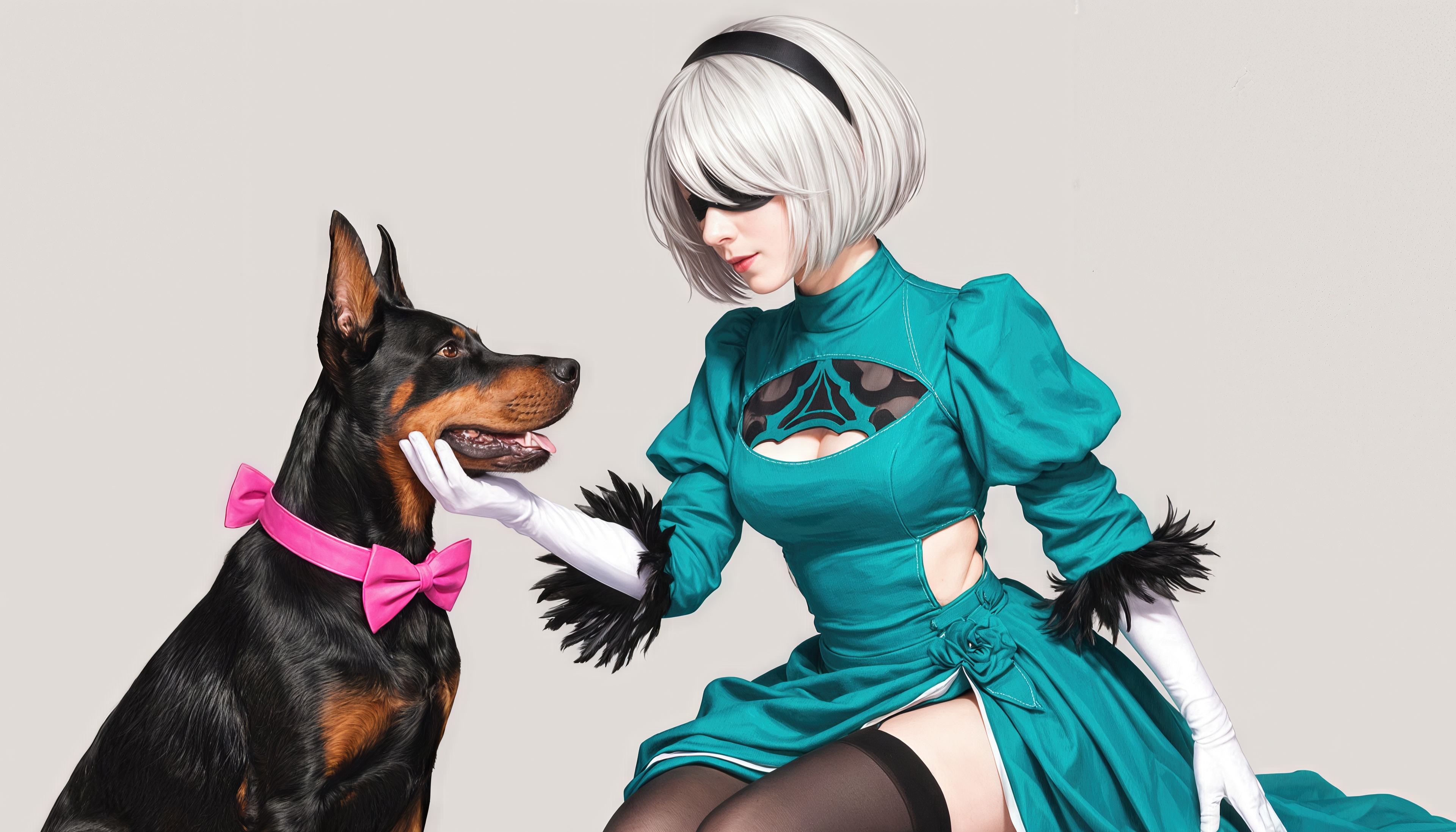 Бесплатное фото Персонаж 2B из Nier Automata нежно гладит добермана с розовым бантом.