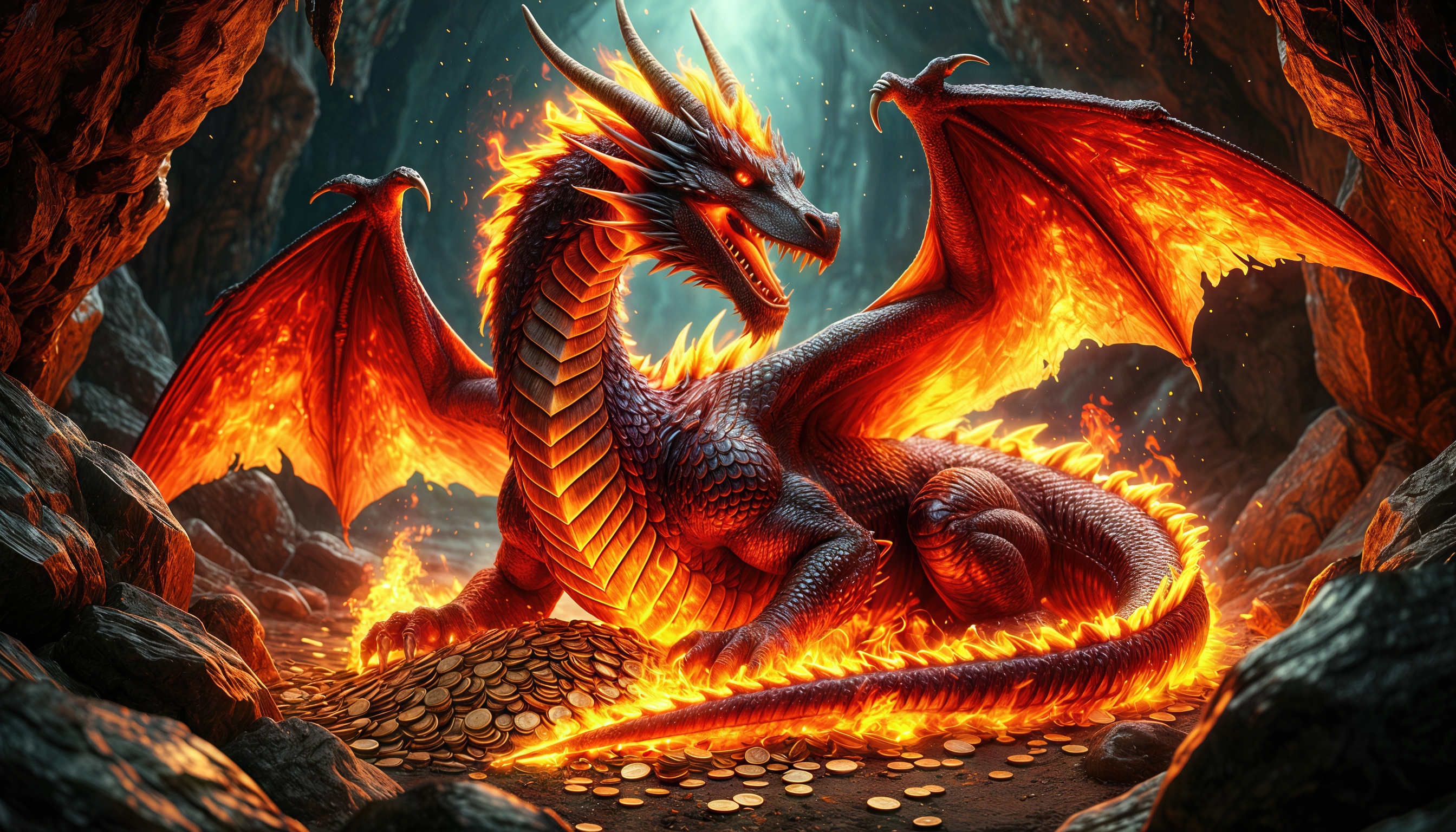 Дракон в пещере, окруженный огнем и золотыми монетами.