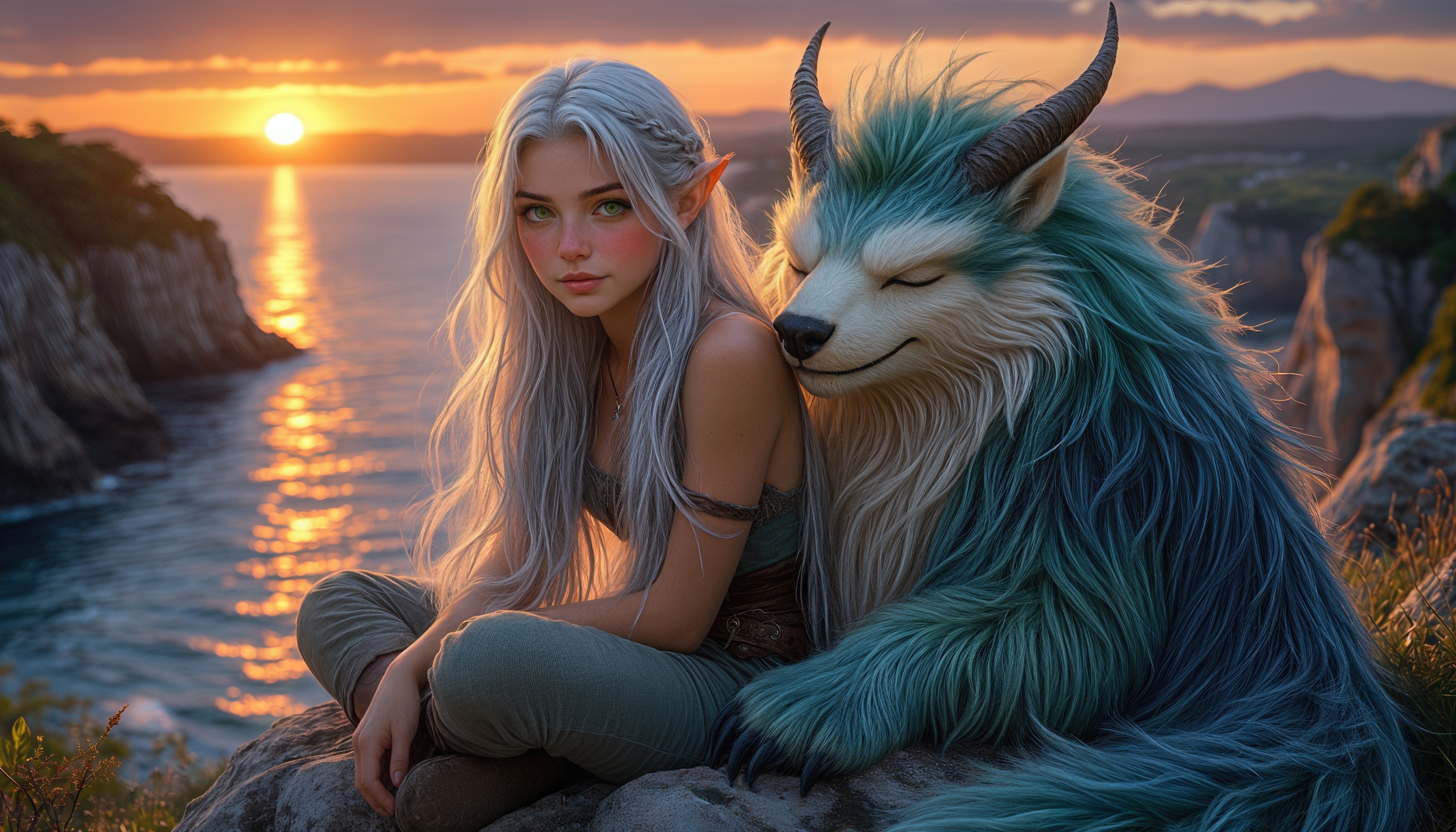 Эльфийка и ее магический фамильяр наслаждаются закатом на скале у моря, погруженные в гармонию природы.