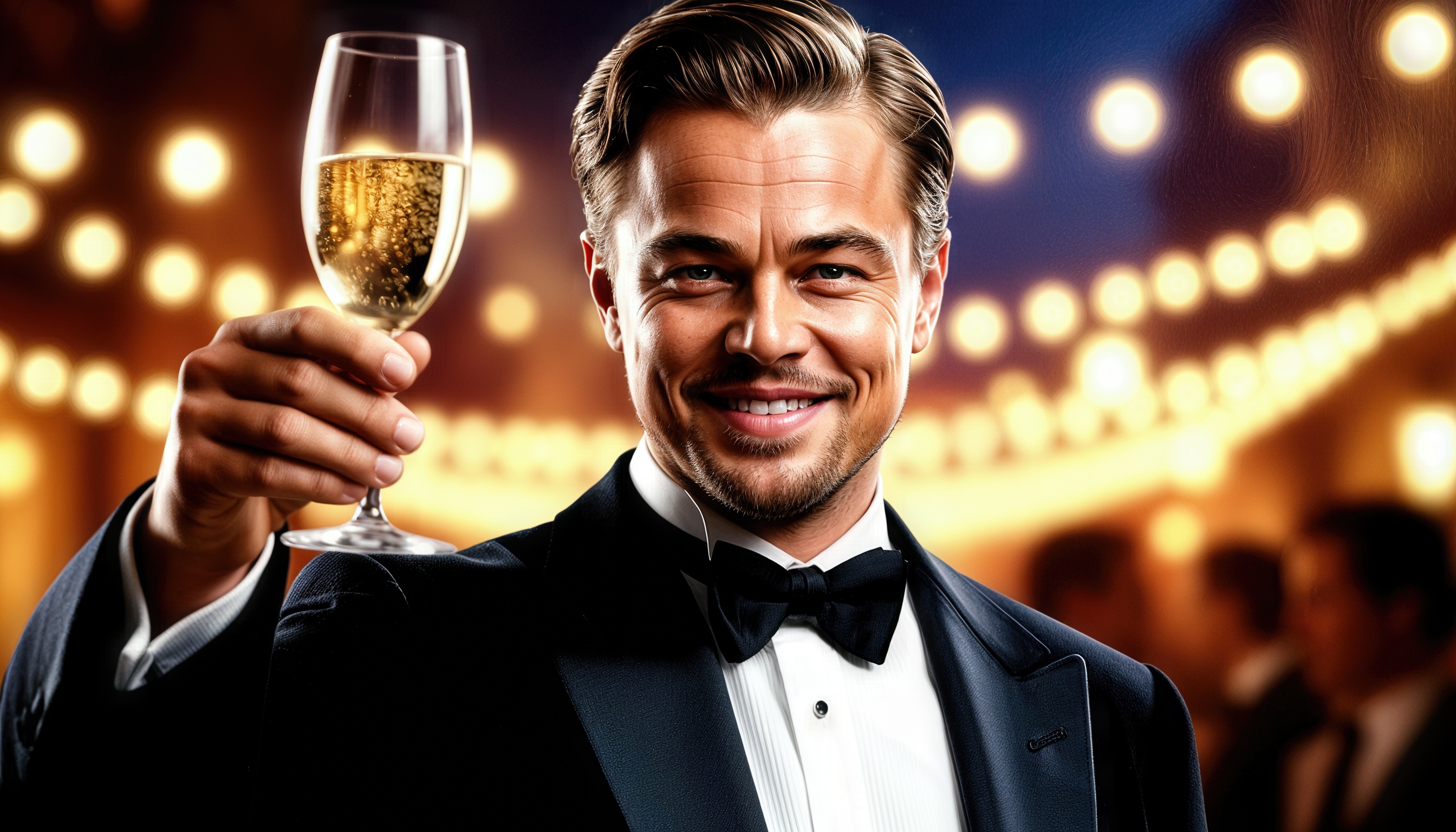 Бесплатное фото Леонардо ДиКаприо в смокинге приветствует Вас бокалом шампанского.